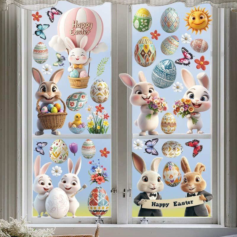 KIKISML Easter Window Clings Stickers 106Pcs, Various Cute Bunny Colorful Easter Eggs Flower Butterfly Window Stickers Decor, 9 Sheets Static Sticker for School Home Office Party Accessory Supplies