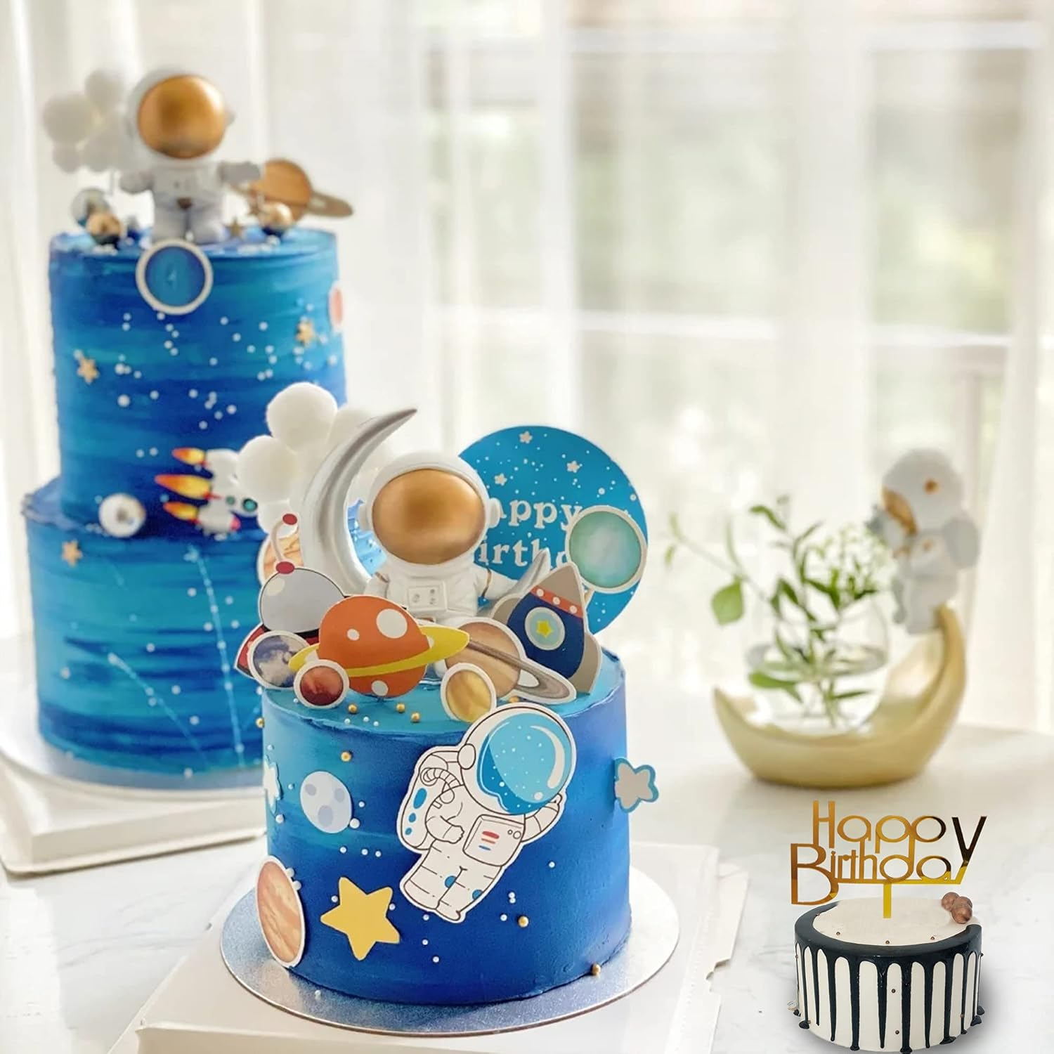 19 PCS Astronaut Figurines Cake Topper Star Cake Topper Happy Birthday Cake Topper for Outer Space Theme Party Kids Birthday Party image number 5