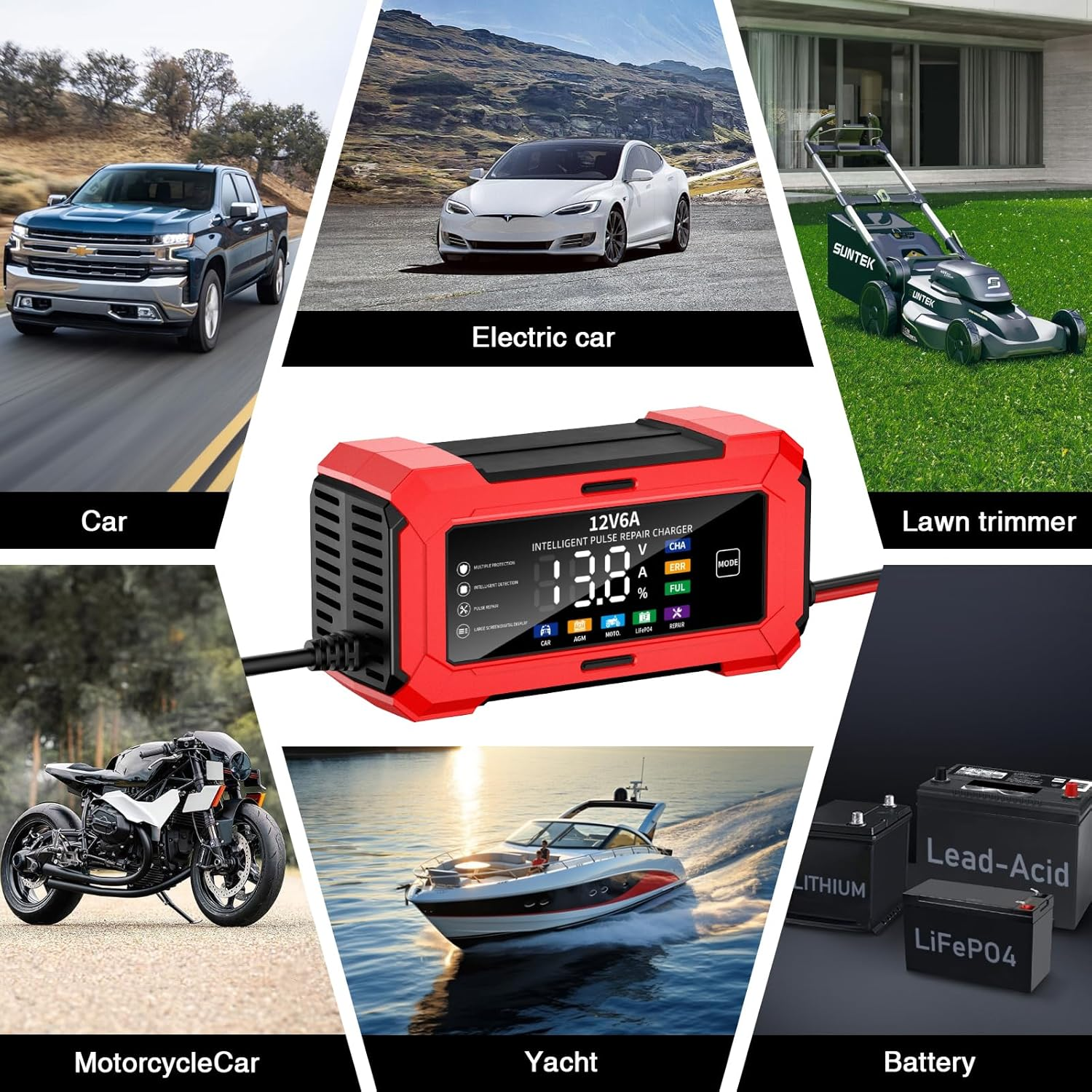 6A/12V Car Charger, 6A Multi Protections Motorcycle Battery Charger, Intelligent LCD Screen Fully Automatic Battery Charger for Motorcycles, Boats, Cars, Agm/Lithium Battery image number 2