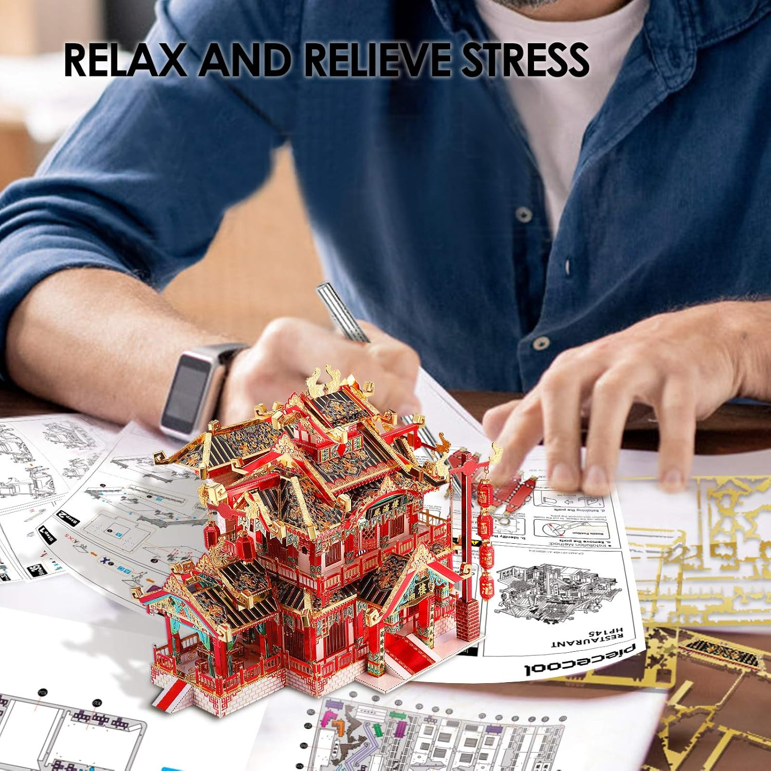 Piececool 3D Puzzles for Adults Metal Model Kits, Chinese Ancient Reataurant 3D Metal Puzzle, Traditional Architecture Building Puzzle DIY Toys, Great Gift Idea-215 Pcs image number 2