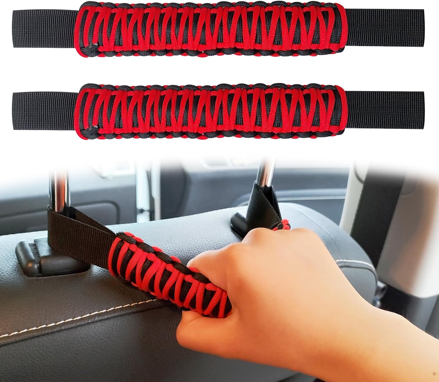 2Pcs Headrest Grab Handles, Car Front Rear Seat Back Roll Bar Grip Handles Kit, Nylon Grab Handl with Headrest Mounted, Heavy Duty Automotive Interior Accessories Universal for SUV Truck Pickup(Red)