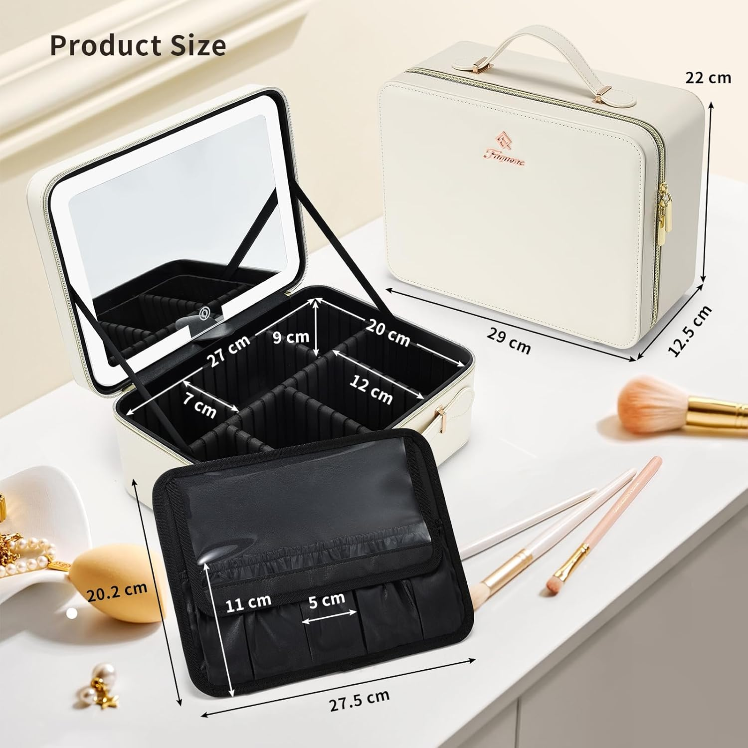 Large Makeup Case with LED Mirror Vanity Case Removable Light up Mirror PU Leather Portable Makeup Artist Carry Vanity Box with Dividers Makeup Brush Holder, White, Minimalist