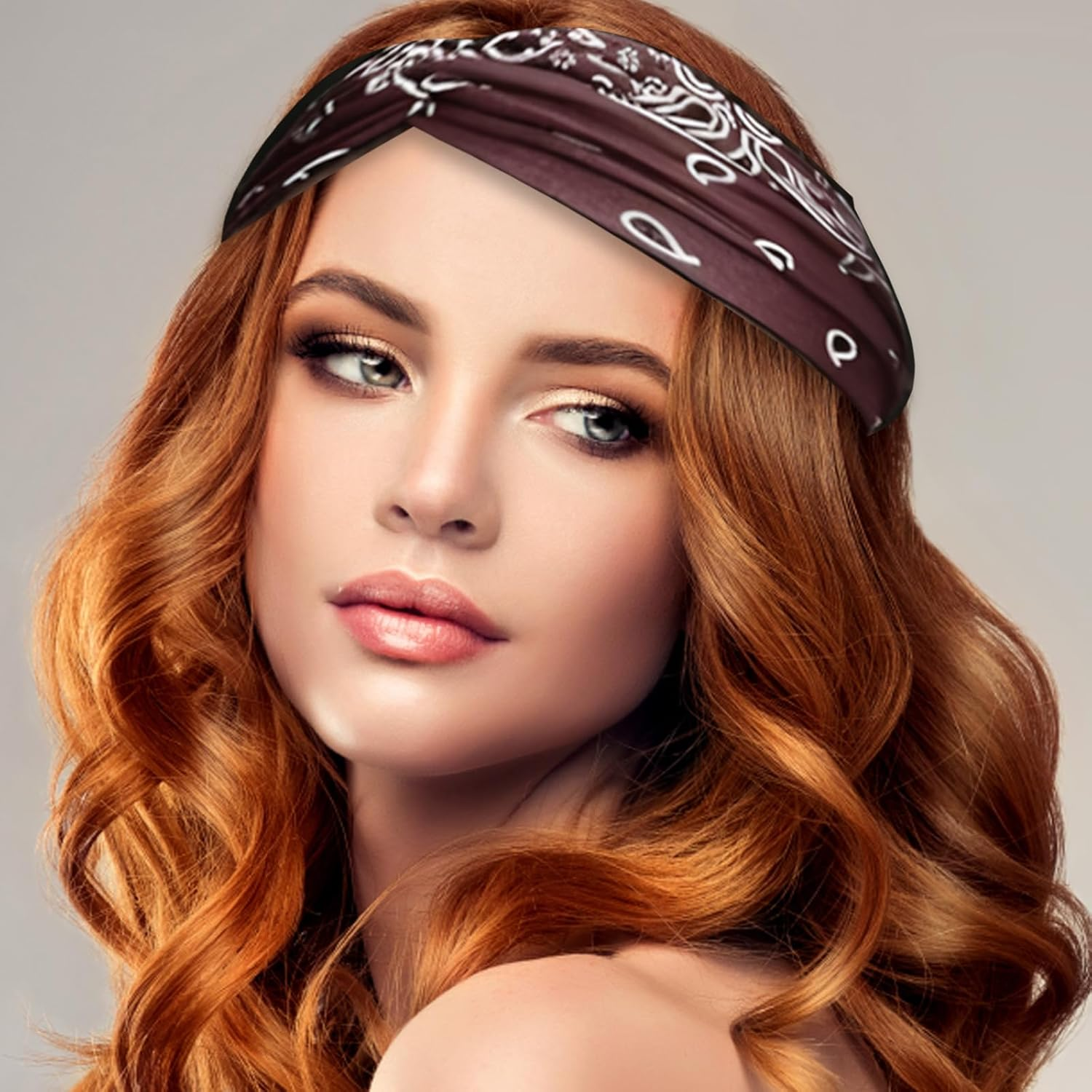 Women'S Hair Bands, Pack of 4, Boho Hair Bands, 22 X 10 Cm, Cotton, Soft Headscarves for Yoga, Sports and Summer (Grey, Brown, Beige, Green) image number 6