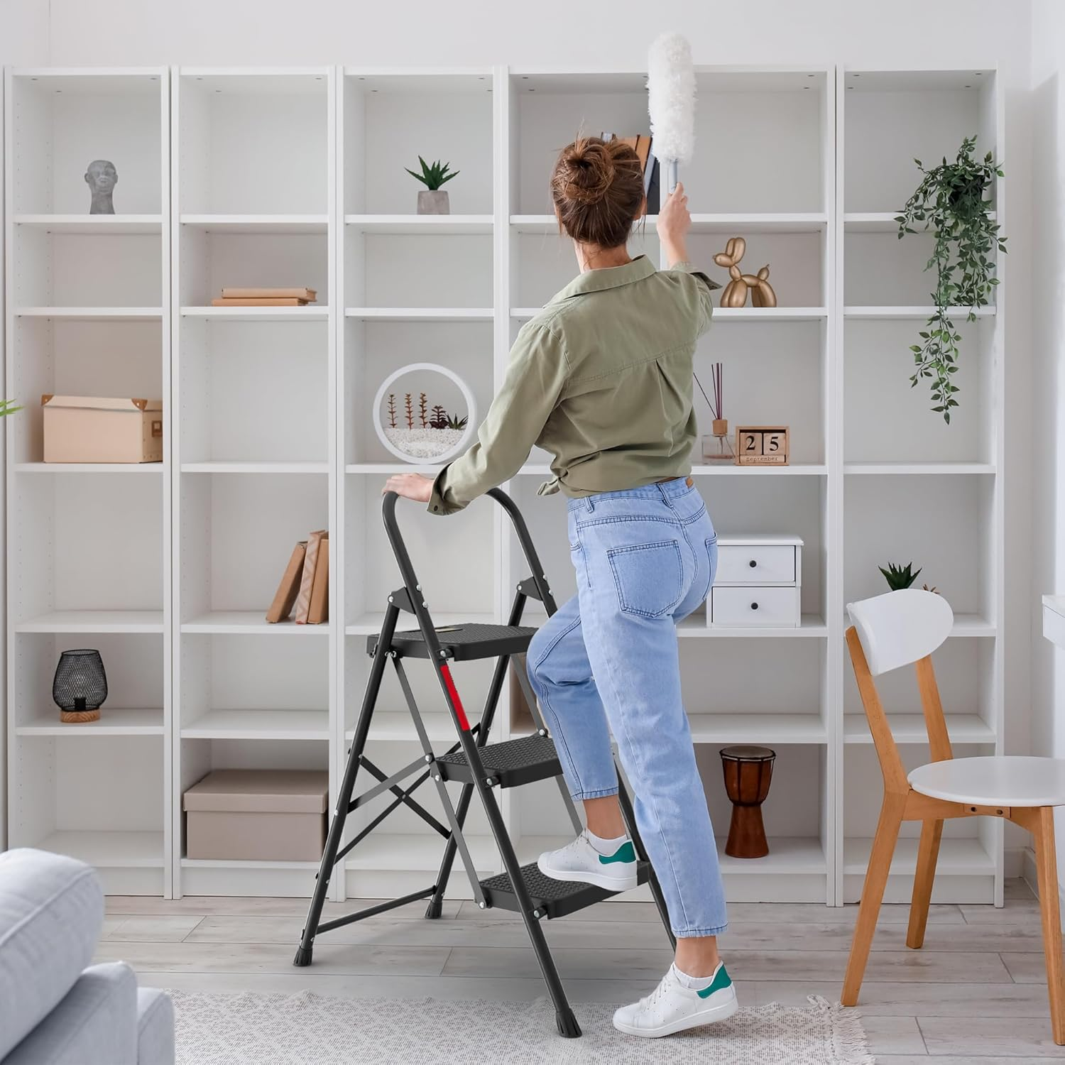 BONTEC 3 Step Ladder, Capacity 272KG with Wide Anti-Slip Pedals, Folding Steel Step Stool, Sponge Handlebar, Lightweight Portable Ladder Suitable for Home, Kitchen, Pantry, Indoor/Outdoor Use, Black image number 3