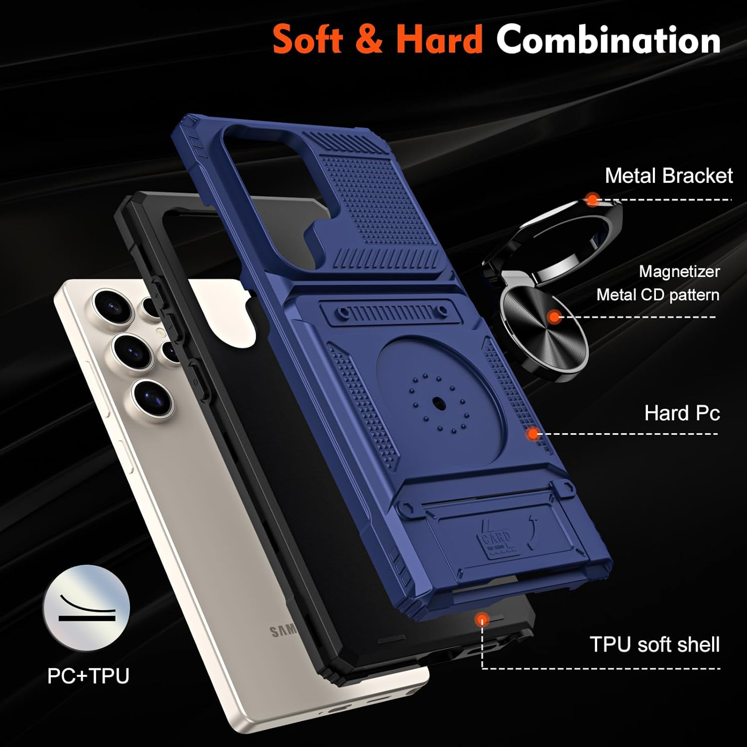 SIYOPINPFY Wallet Mobile Phone Case for Samsung Galaxy S24 Ultra Case with 2 Card Holders, 360&deg; Ring Stand, Heavy Duty, Shockproof, Robust Full Body Bumper Case for Samsung S24 Ultra, Blue LM image number 4