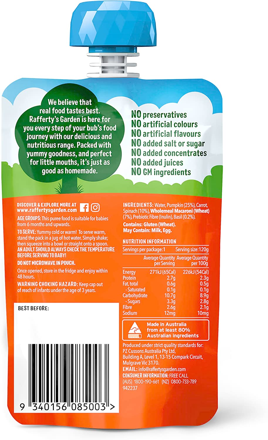 Rafferty'S Garden Pumpkin and Spinach Pasta Bake for Babies 120 G (Case of 6)