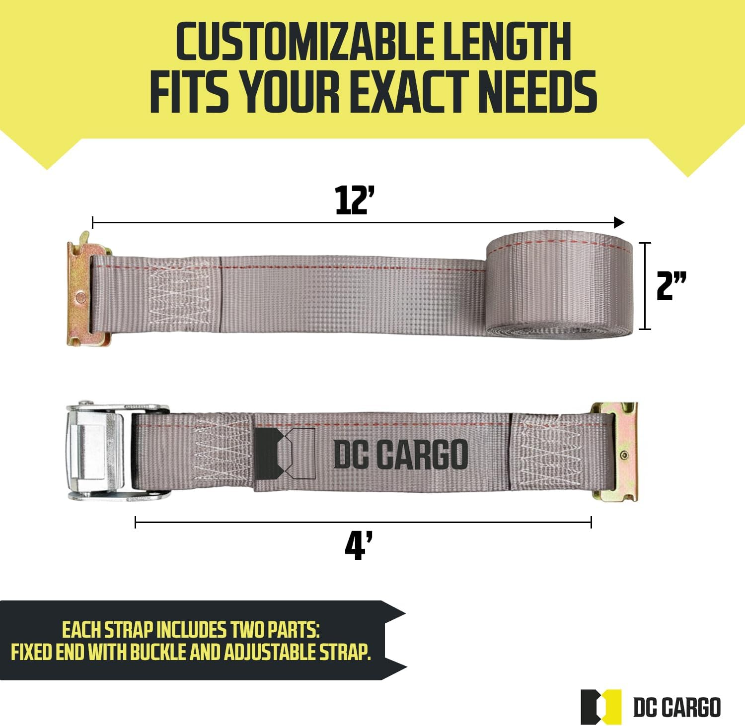 DC Cargo E-Track Cam Buckle Straps Cargo Tie-Downs, (Pack of 4) 2 X 16 Heavy Duty Grey Tie-Down Cam Buckle Straps, Strong Cam Buckle Strap, E-Track Spring Fittings, Tie down Motorcycle image number 4