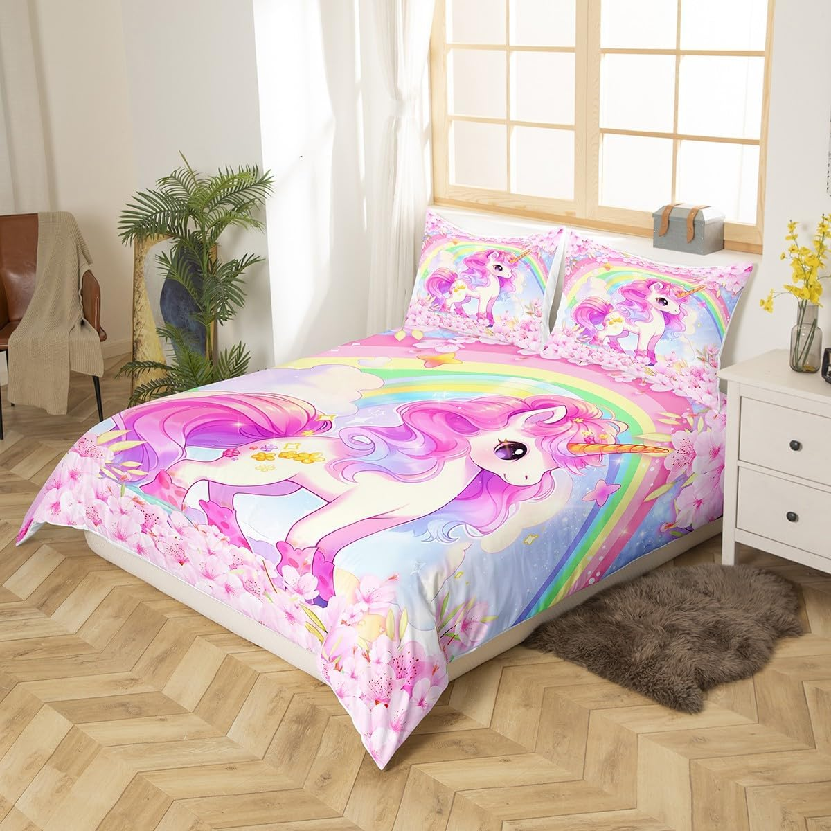 Cartoon Unicorn Kids Duvet Cover Set Queen Size,Sakura Cherry Blossom Japanese Bedding Set,Girls Women Room Decor,Rainbow Unicorn Cute Comforter Cover,Pink Purple Romantic Quilt Cover,2 Pillowcases image number 1