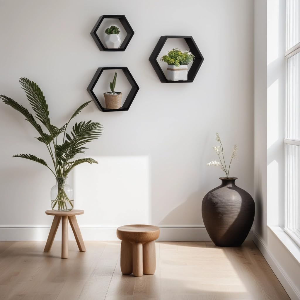Floating Shelves, XICEN 3 Set Wood Hexagon for Wall Decor, Farmhouse Honeycomb Shelves for Living Room Decor, Bedroom, Living Room, Bathroom, Durable, Stylish & Versatile (Black) image number 1