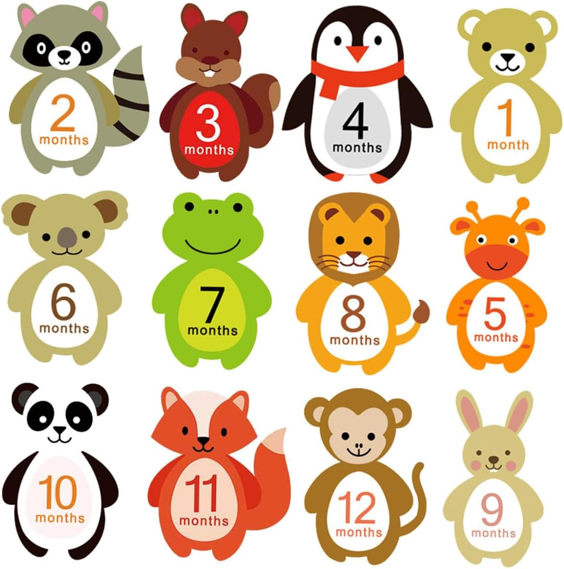 SHOWERORO 12Pcs Monthly Stickers Self-Adhesive Milestone Decals Animal Cartoon Design for Newborn Photo Props image number 1