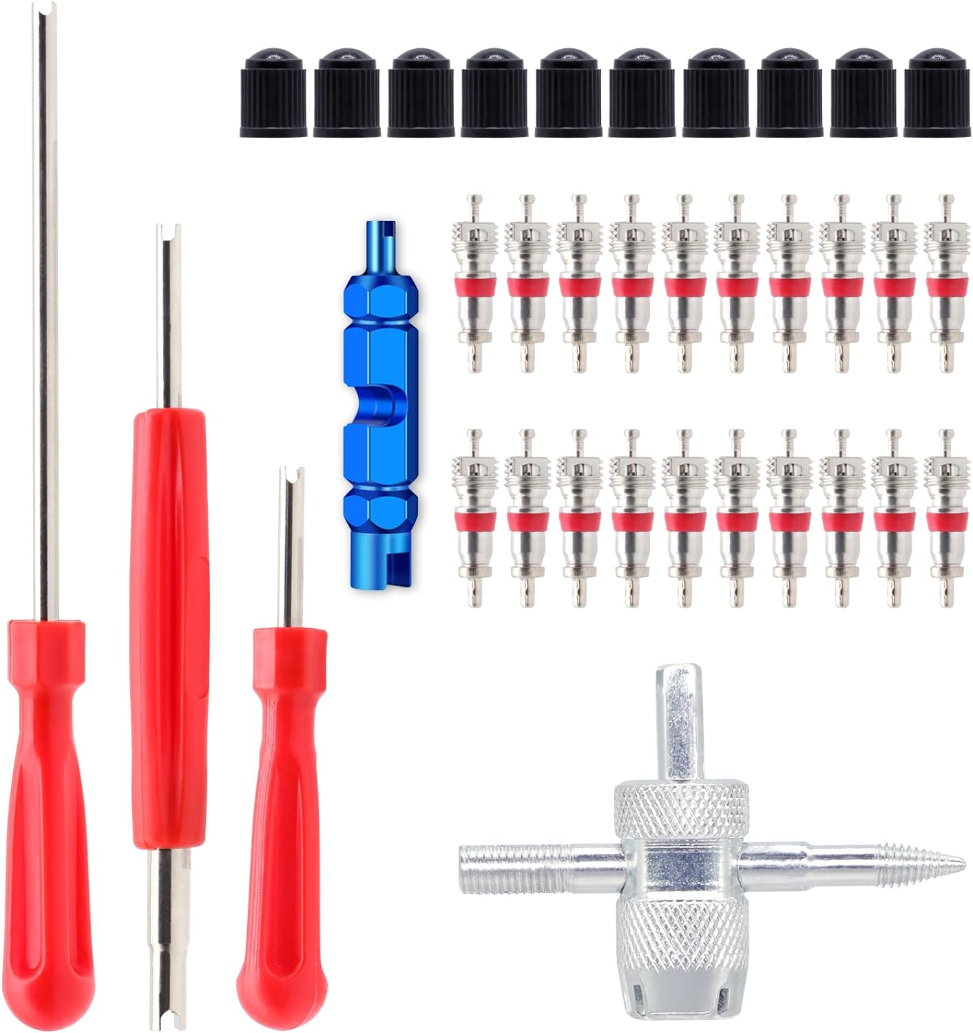 Valve Core Tool Set with 20Pcs Valve Cores 10Pcs Tire Valve Caps 5-Way Valve Tool Dual Single Head Valve Core Remover Tire Repair Tool 6