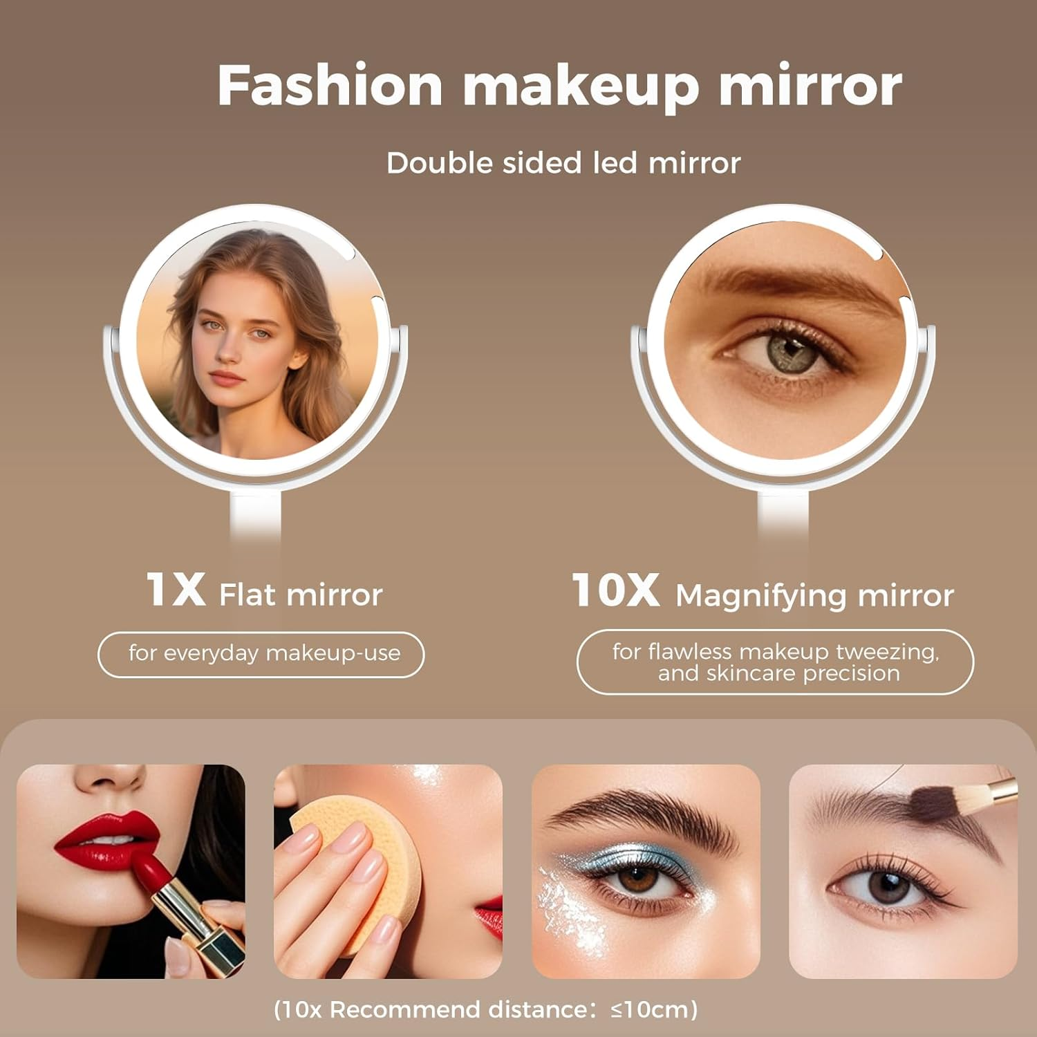 Yezi Makeup Mirror Rechargeable with LED 10X Magnification3 Color Lighting Modes, 80 Leds, 2000Mah Battery, Smart Touch Stepless Dimming, 360&deg; Rotation,Storage Base, Type-C,White Mirror, 37X22.4Cm