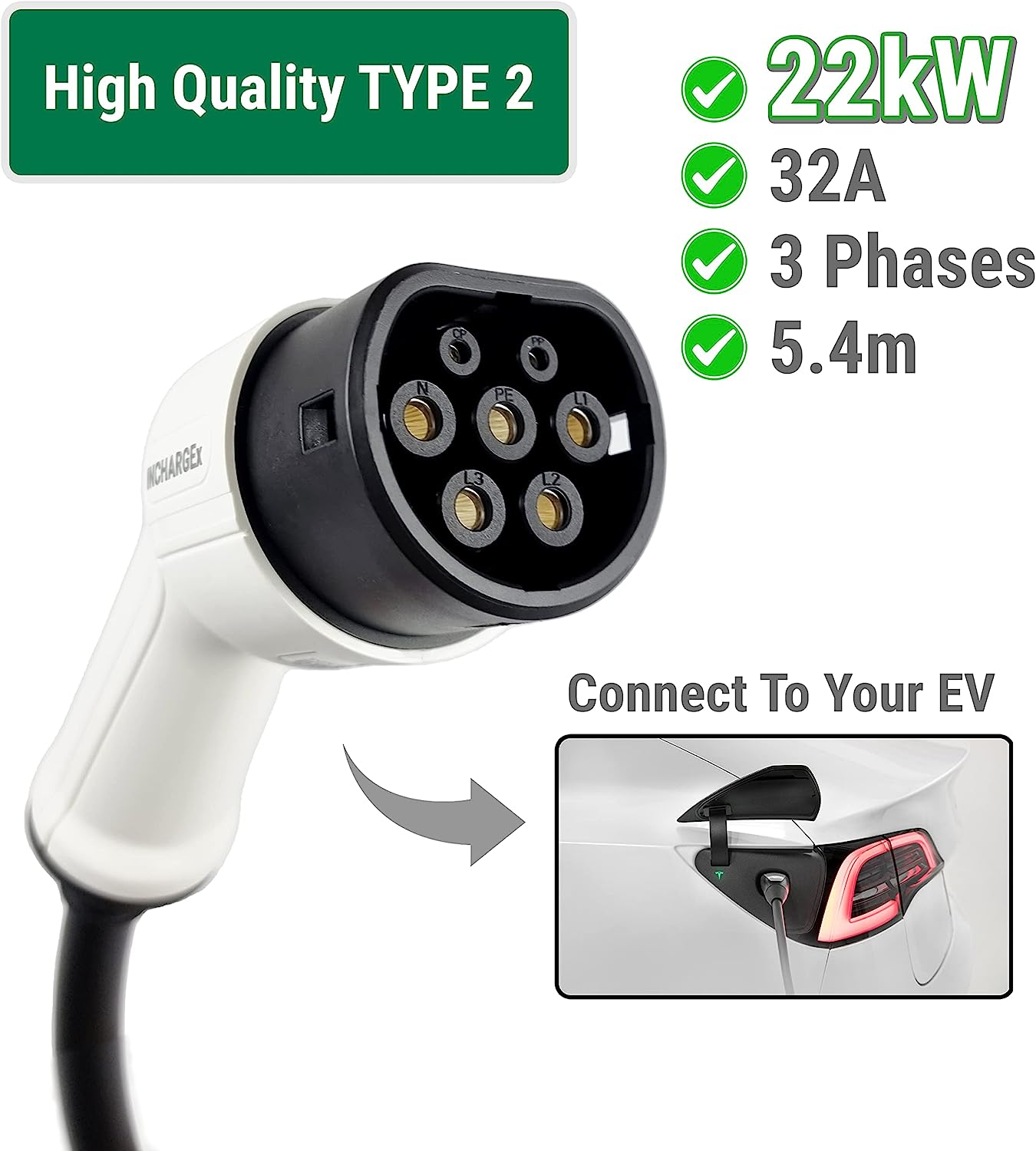 Premium 22Kw 32Amp 3 Phase 480V Type 2 to Type 2 EV Charging Cable 5.4M Ev Portable Charger Black Fit Tesla Model Y Tesla Model 3 Mennekes Tesla Accessories Australia
