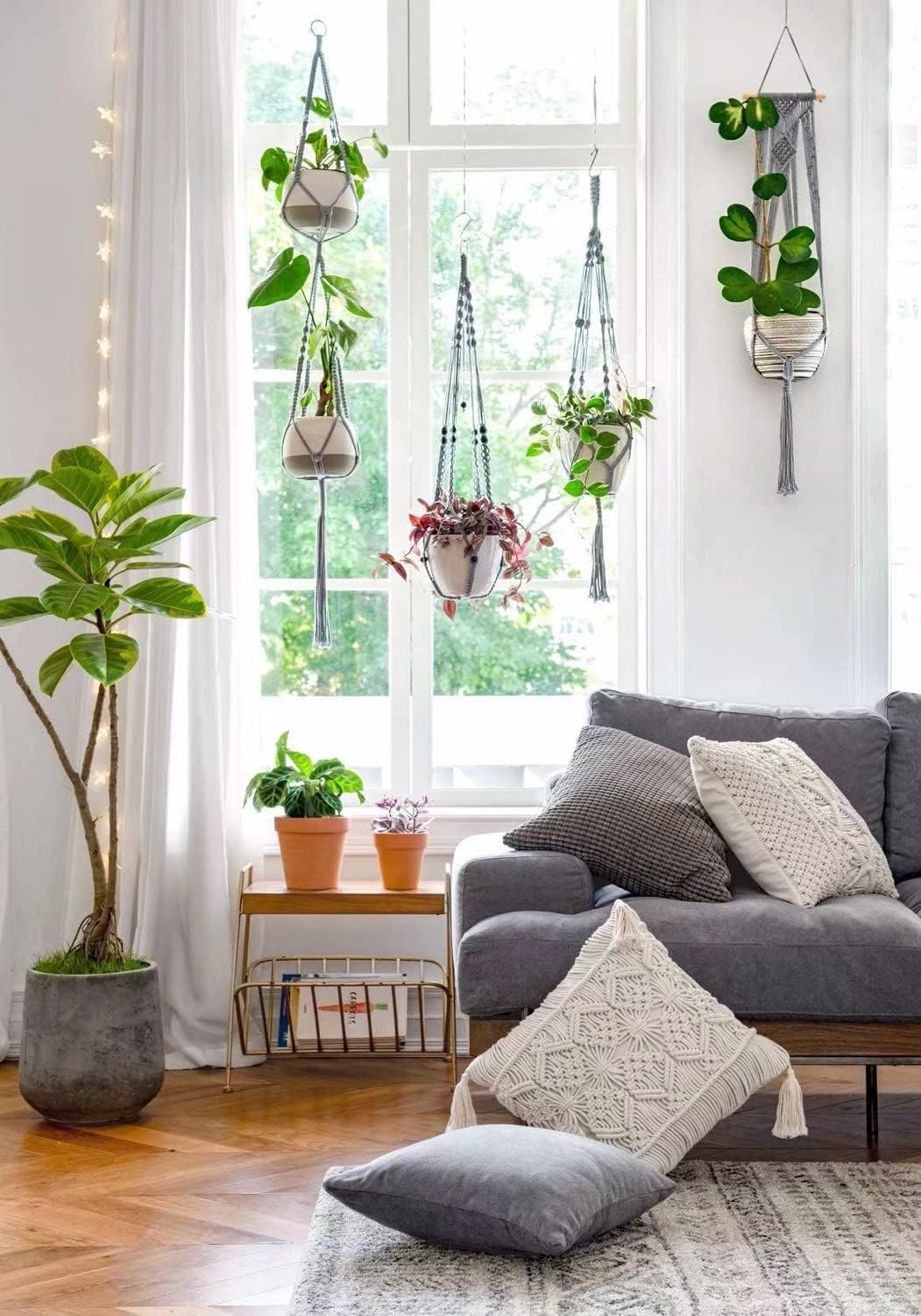 Macrame Plant Hanger 3 Pack Indoor Outdoor Hanging Planter Basket Rope 41 Inch Wall Hanging Planters Basket Cotton Rope No Beaded Tassel Ceiling Plant Hanger with 6 Hooks Boho Home Terrace Decor -Grey image number 3