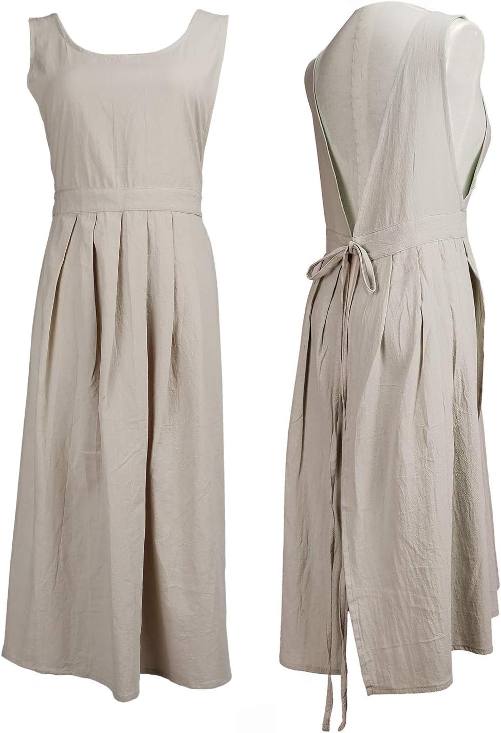 Women Girls Vintage Pleated Split Apron V Neck Gardening Works Cotton Overall Smock Pinafore Dress