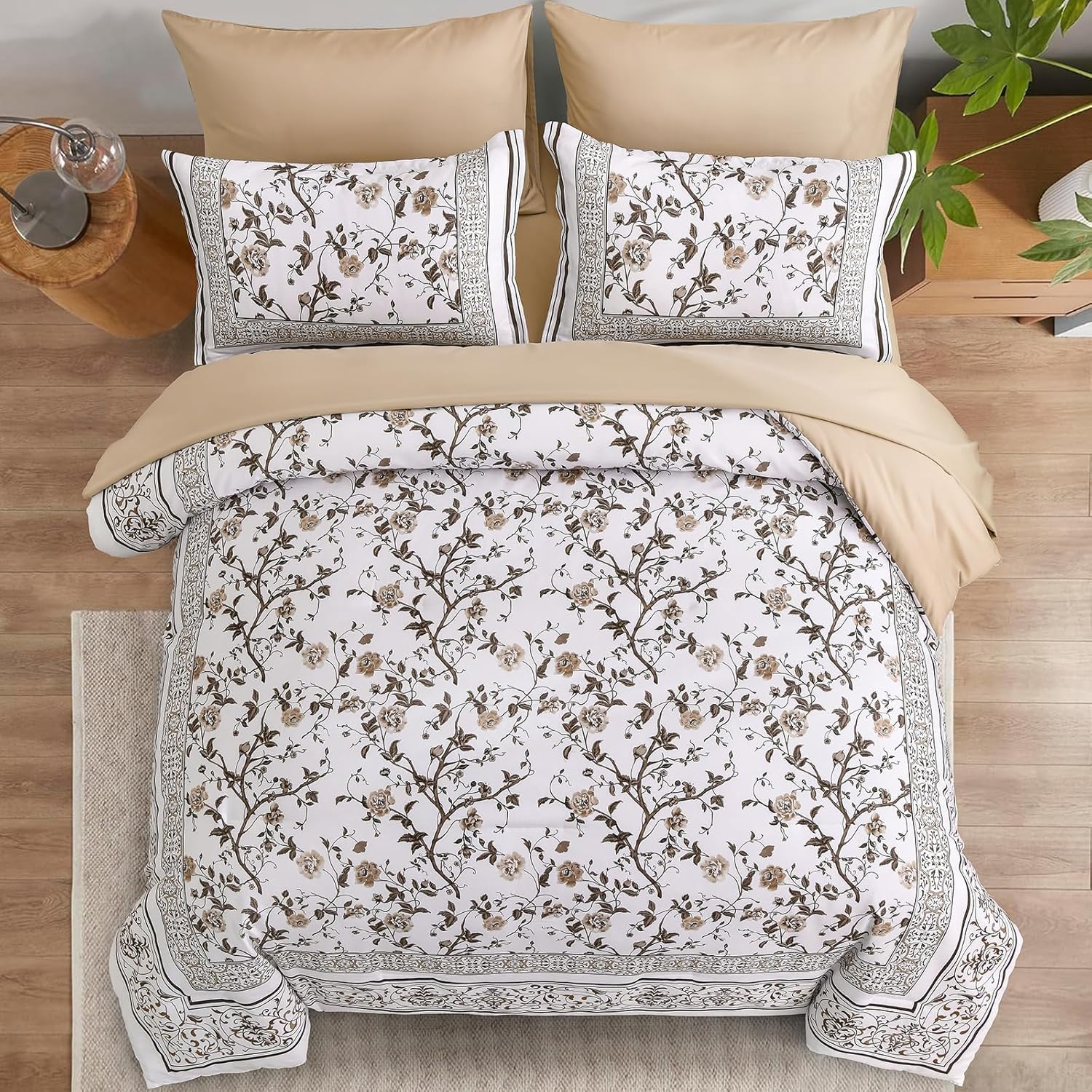 Dobuyly Brown King Size Comforter Set, Floral Botanical Bedding Set 7 Piece Bed in a Bag King, Soft Microfiber Flowers Bedding Comforter Sets with Sheets for All Season image number 2