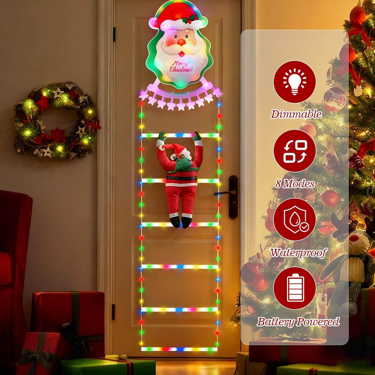 Quintrost LED Santa Claus Ladder Fairy Lights, 1.8 M Ladder Christmas Fairy Lights, Battery Operated, 8 Modes Christmas Lighting for Indoor Outdoor Christmas Tree Window Balcony Christmas Decoration image number 3
