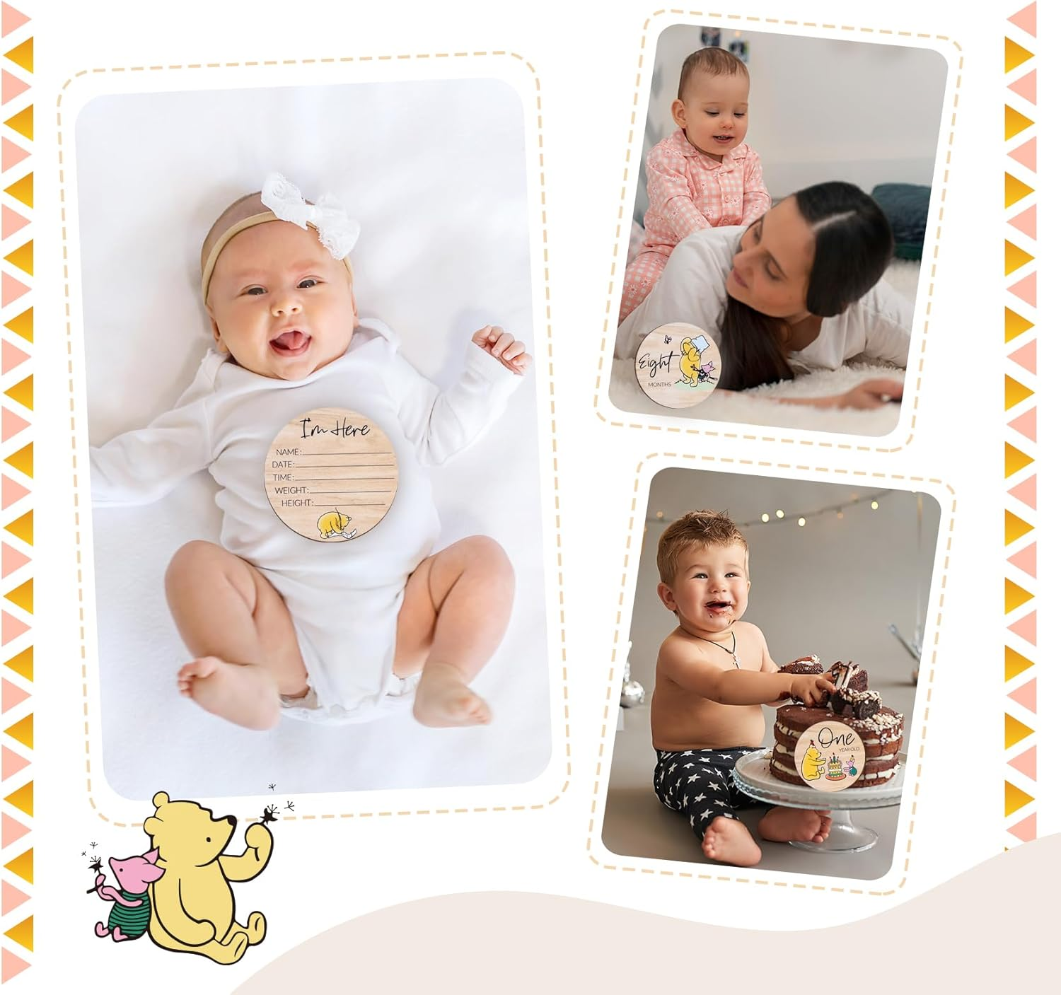 Winnie Baby Milestone Cards, Wooden Cirles Discs for Baby Photo Prop with Announcement & Hello World Sign - 8Pcs Double Sided Markers for Baby Shower Nursery Gift image number 4