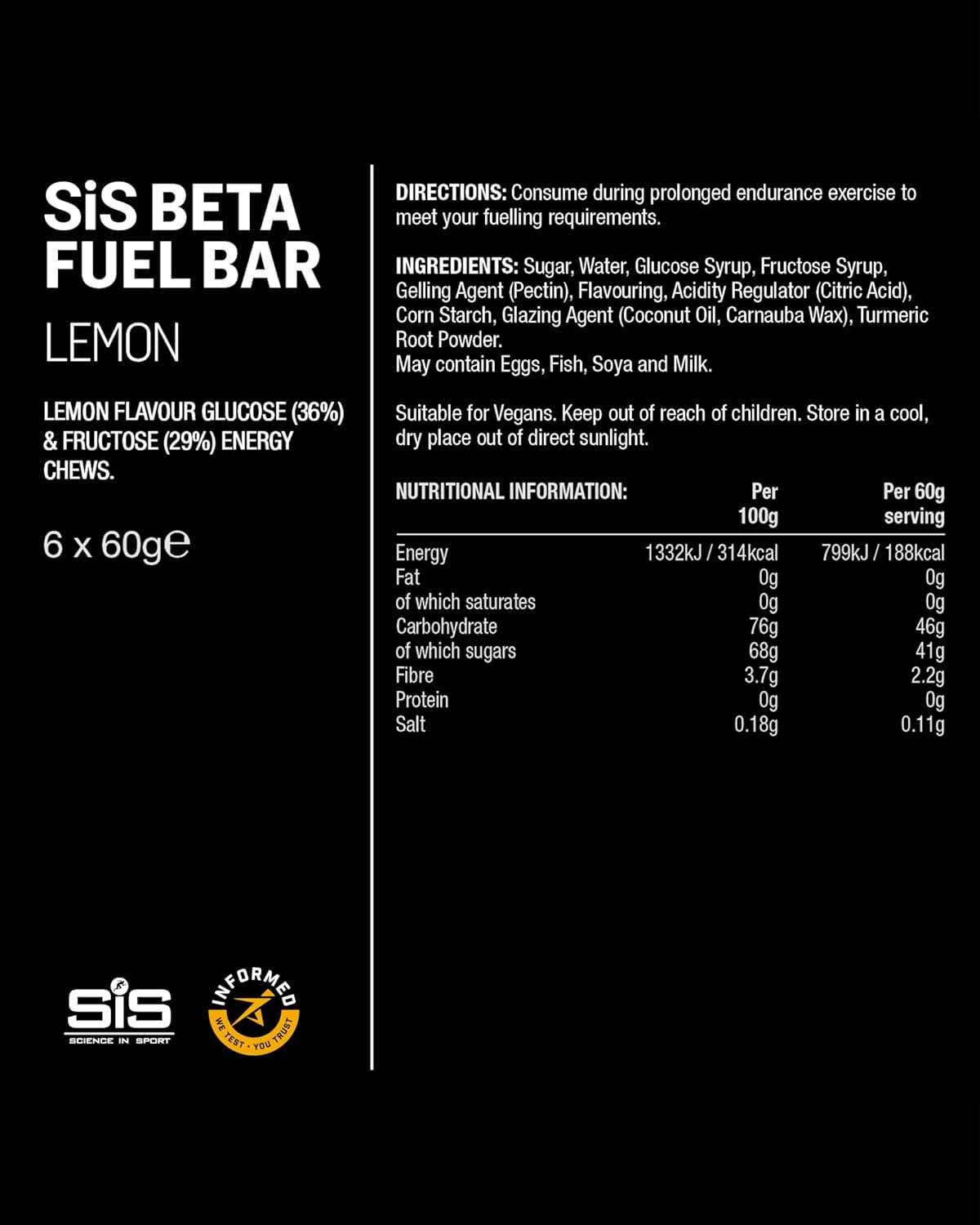 SIS Beta Fuel Dual Source Energy Chews - Vegan, High Energy Bar for Runners, Cyclists & Athletes Supports On-The-Go Endurance - Lemon Flavour, 60G, Pack of 6 image number 1