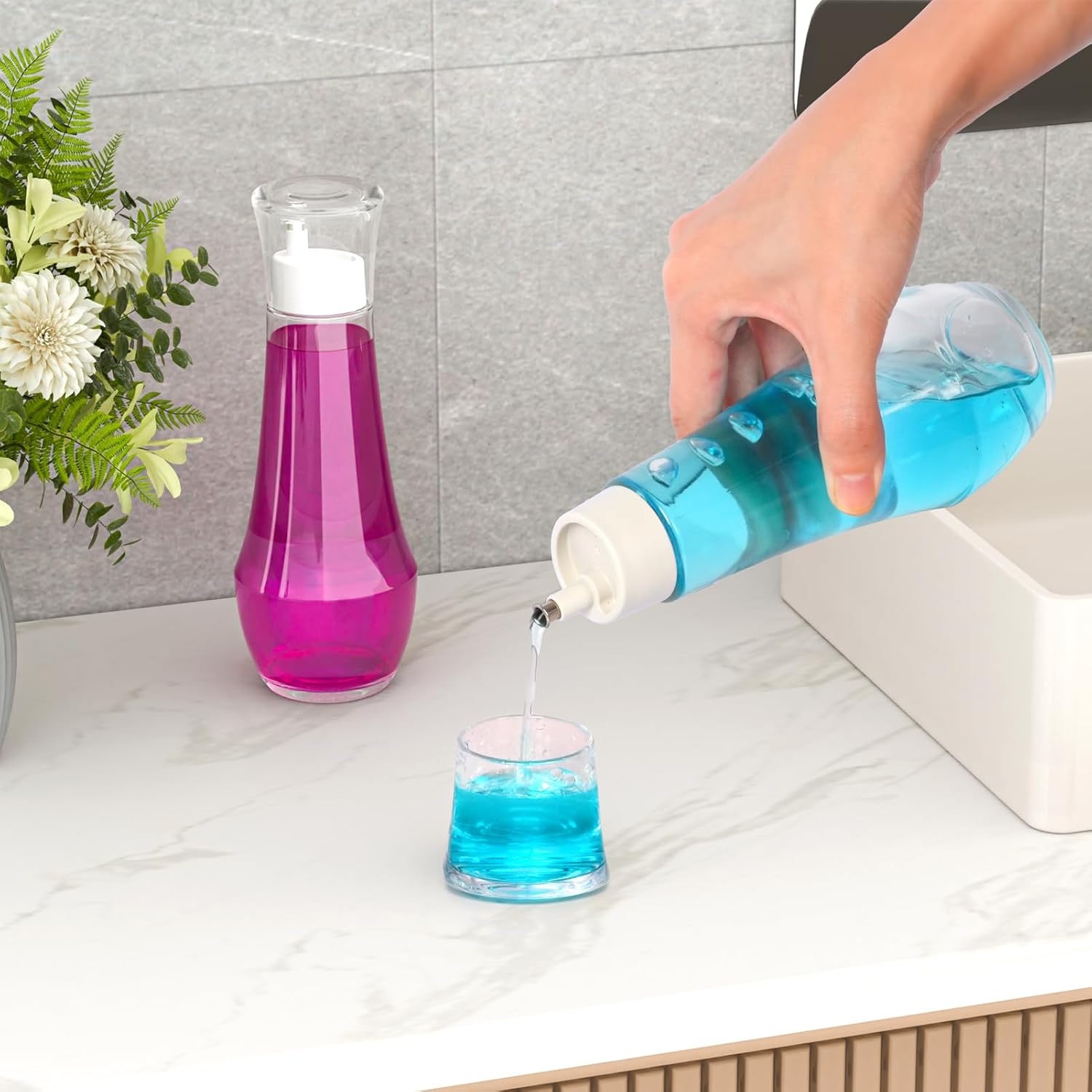 2 Pack Glass Mouthwash Dispenser for Bathroom, 9 OZ Small Clear Refillable Mouth Wash Bottle with Lid Cup image number 3