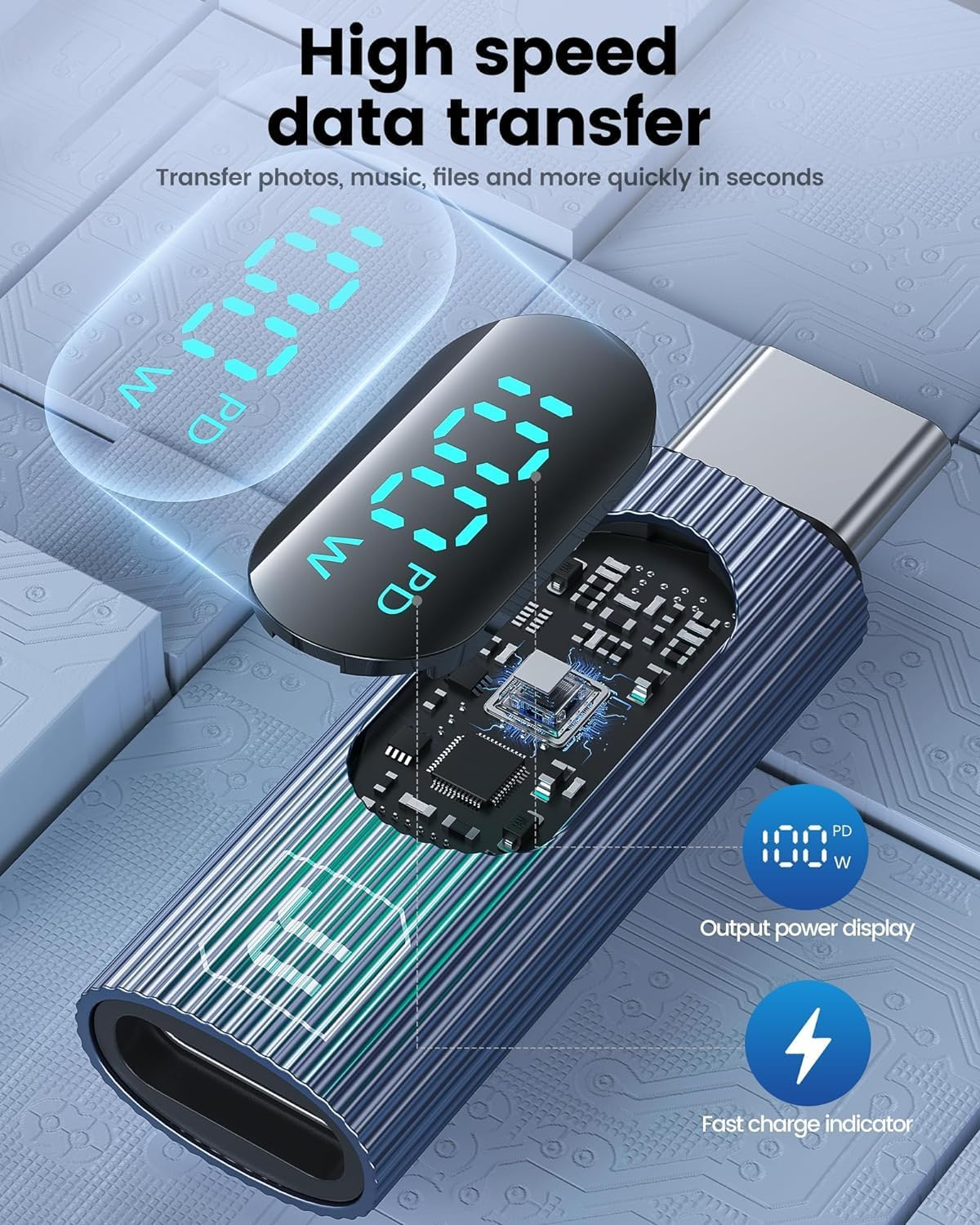 USB C Adapter, 2Pack 100W High-Speed USB C Female to USB C Male Extension Adapter with Advanced Digital Power Meter, Compatible with Iphone 15 Pro Max, Ipad Pro, Macbook Pro & All USB C Devices - Silver image number 2