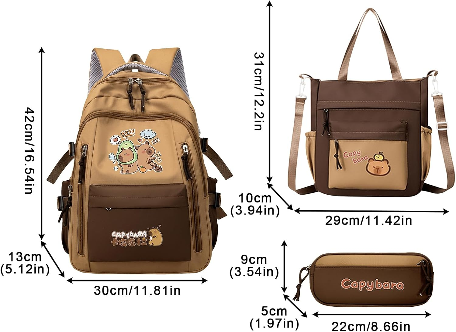 Capybara School Backpack | Girl Bookbag with Pencil Case and Tote Bag,Storage Cute Aesthetic Laptop Bookbag for Students Kids Daily Travel School - Back To Back Model image number 5