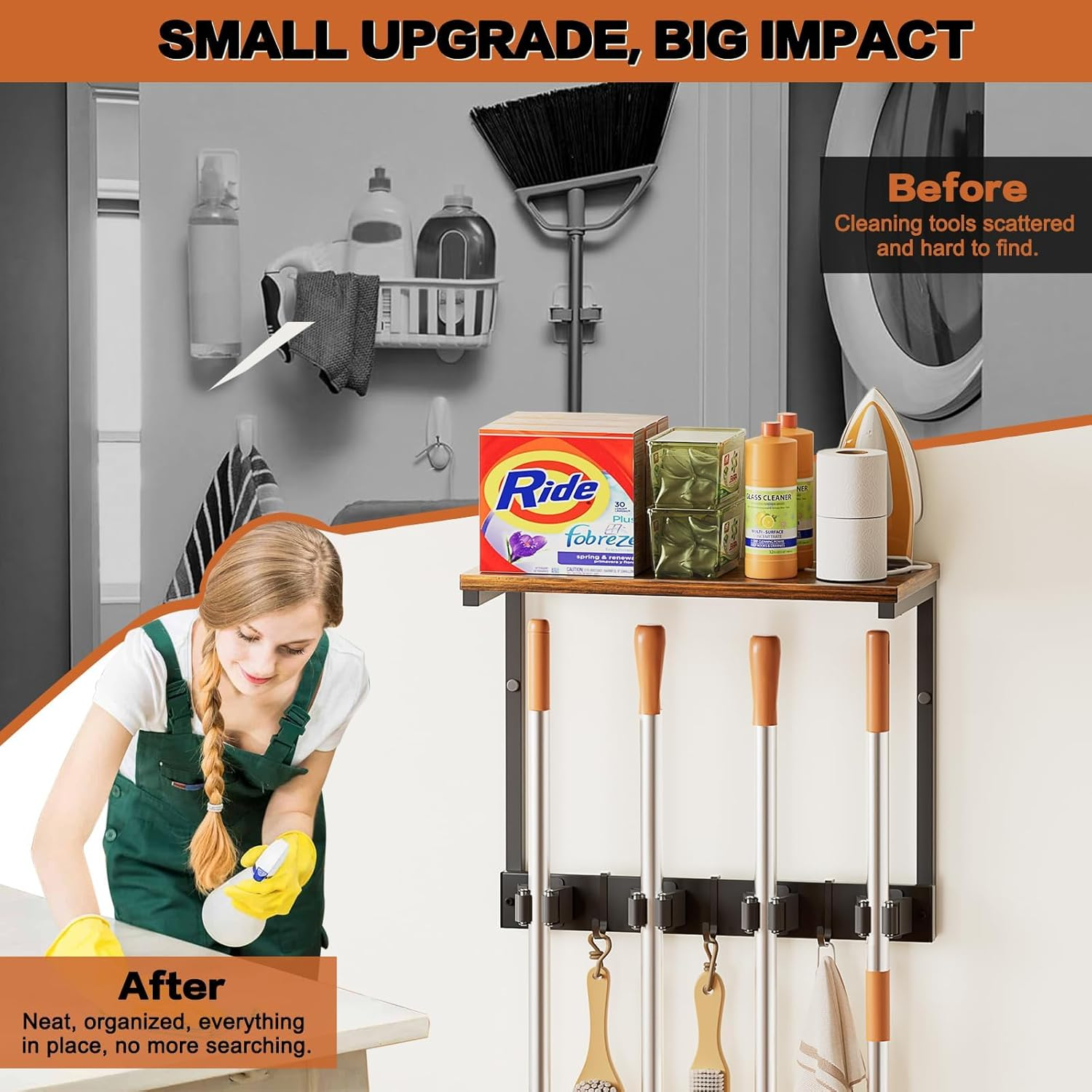 Broom Holder Wall Mount with Cleaning Supplies Organizer, Laundry Room Organization and Storage Shelves, Mop Hanger Broom Rack with Hooks, Home Improvement Kitchen Shelf Garage Organizer image number 6