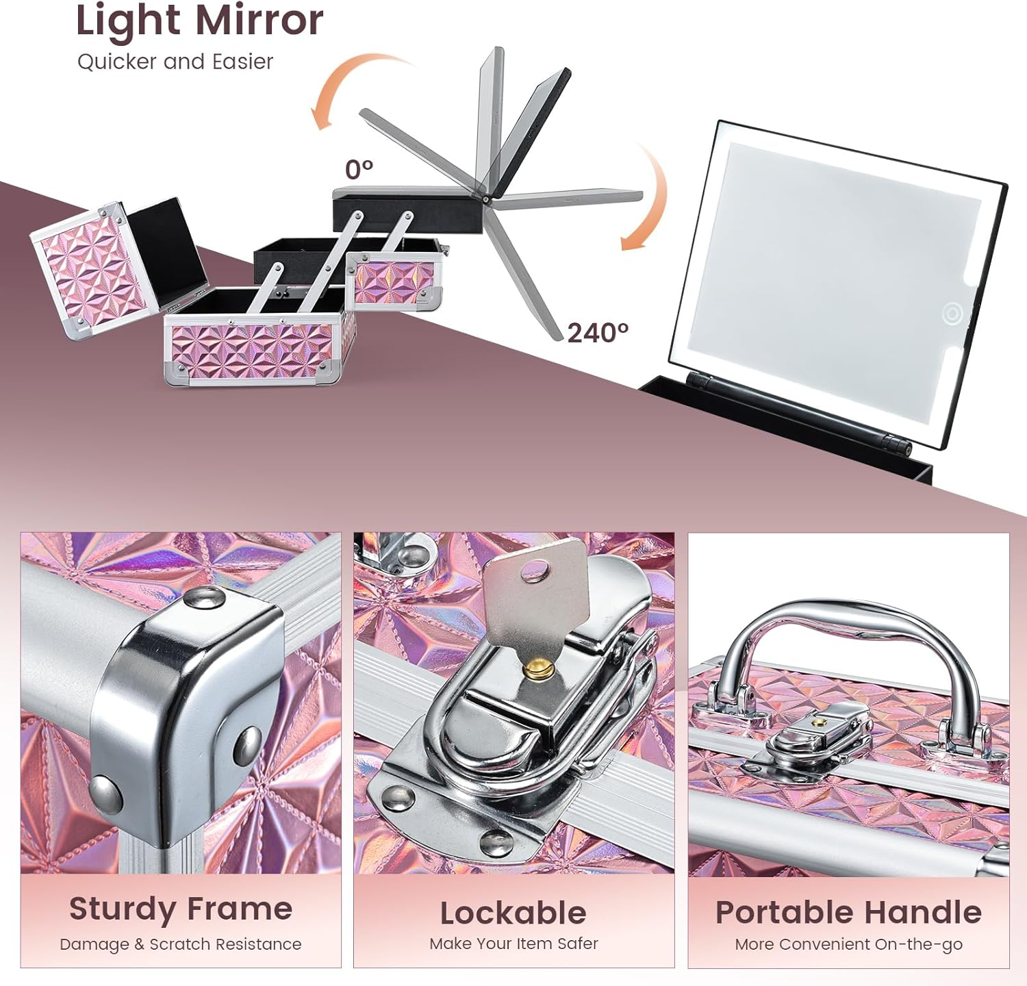Makeup Case with Lighted Mirror Travel Makeup Organizer Box Portable Lockable 2 Trays Cosmetic Train Case with LED Mirror for Girls Make up Nail Kits Sewing Vanity Storage Case, Shiny Pink image number 6