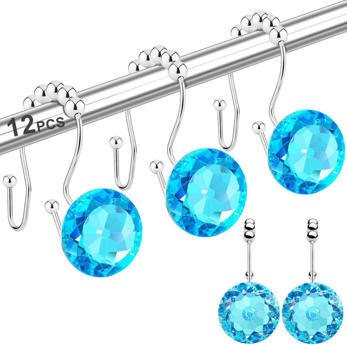 Yapicoco 12PCS Shower Curtain Hooks Rings for Bathroom, Double Hooks Glide anti Rust Crystal Rhinestones Hooks Rods Curtains and Liner (Crystal White)