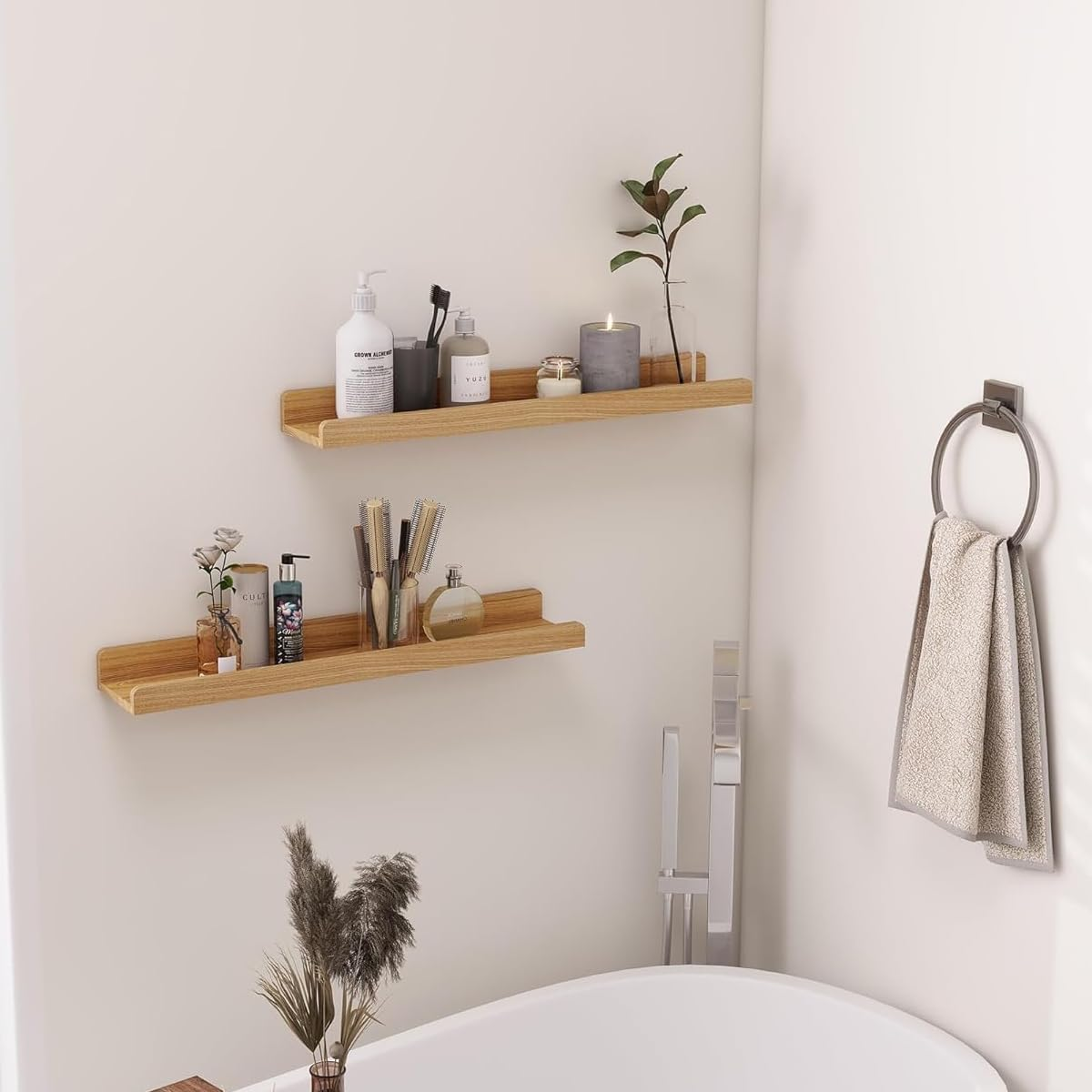 AIMALL Wall Mounted Floating Shelf, Wood Storage Rack for Display and Organization - Available in Two Colours - Log image number 2