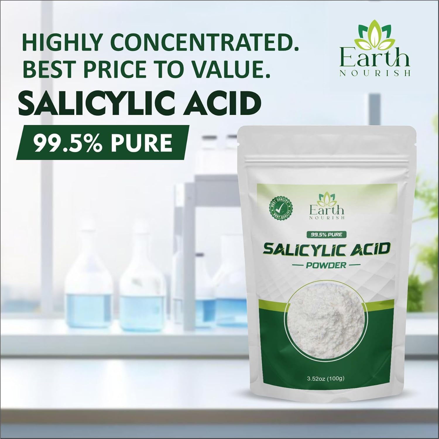 Earth Nourish Salicylic Acid Powder -100G / 3.52 Oz | Pure Original Ingredients with No Adulterants, Cosmetic Grade for DIY Skin Care & Industrial Use image number 1