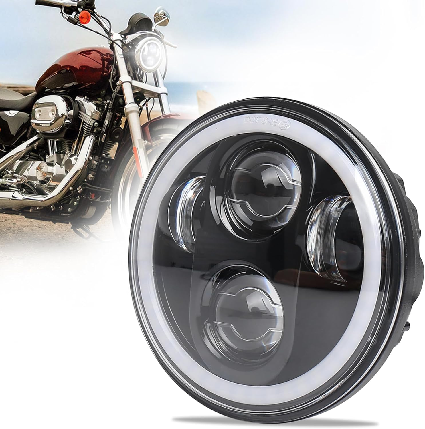 PXPART Motorcycle 5.75Inch Headlight with White DRL Halo Ring 5 3/4 Led Headlight Compatible with Davidson Sportster 883 1200 Dyna Street Bob Indian Scout image number 6