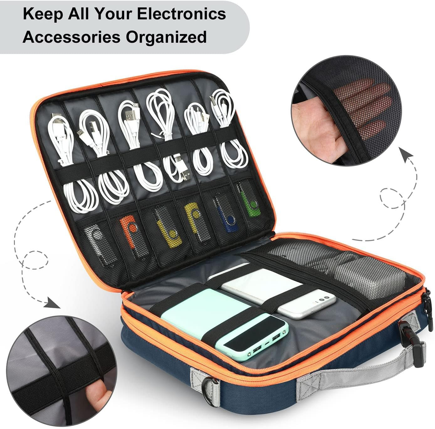 XL Large Travel Electronic Accessories Organizer with Shoulder Strap for 11.6''Laptop,Tablet,Cellphone,Hard Drives,Charger,Switch Console Accessories,Blue image number 3