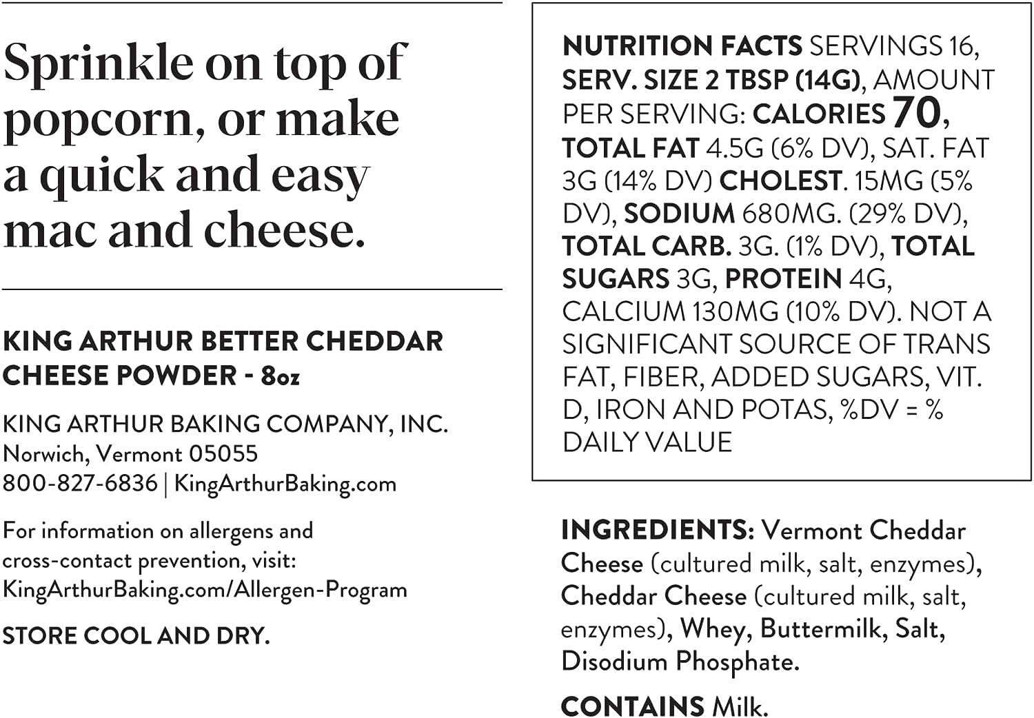 King Arthur Better Cheddar Cheese Powder: Premium Sharp Cheddar Flavor for Popcorn, Pasta, and More - Versatile Cooking Ingredient in 8 Oz Reusable Jar - Elevate Your Dishes with Rich, Authentic Taste image number 3