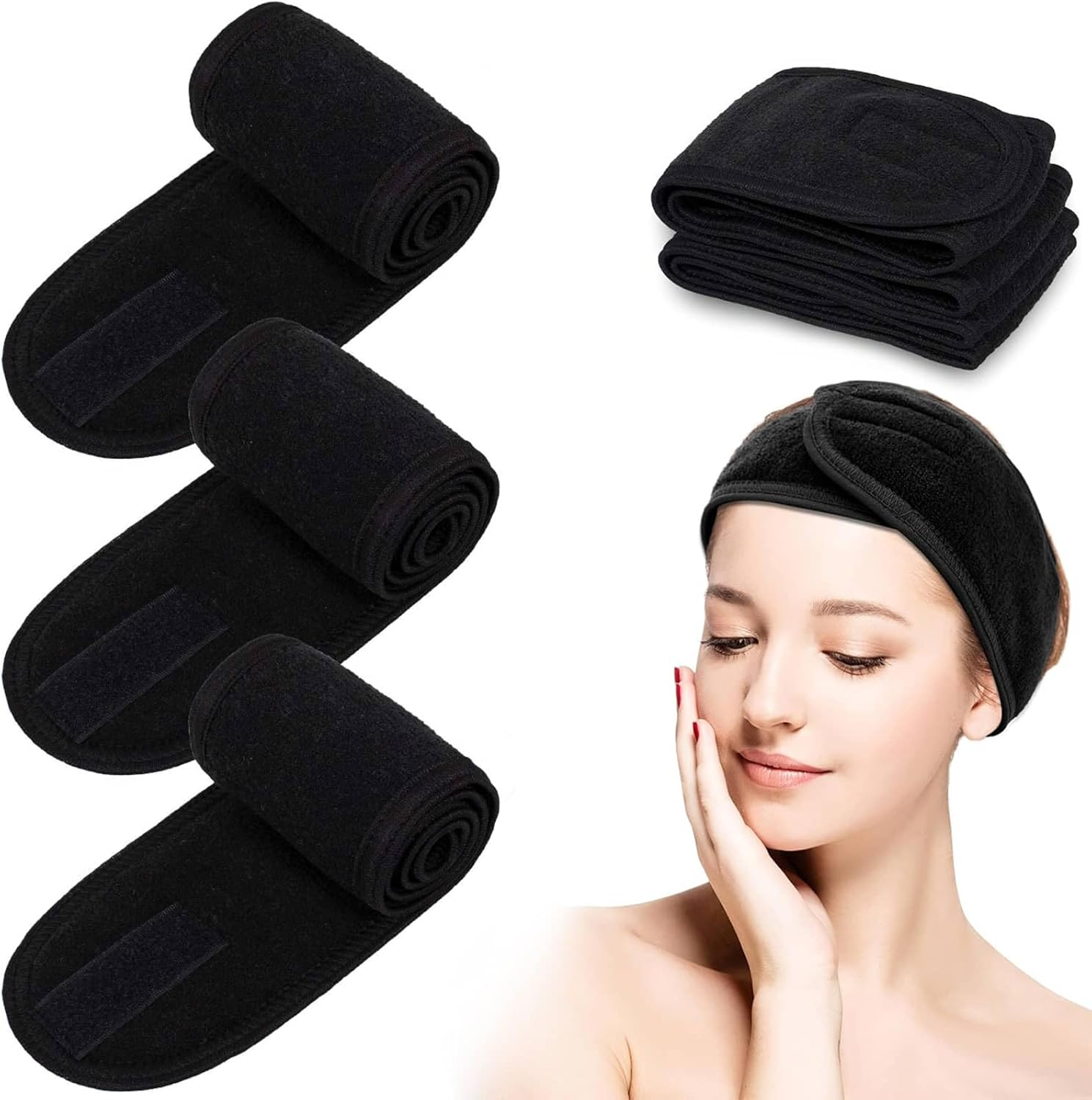 4 Pack Spa Facial Headband Head Wrap Makeup Hair Band Women Skincare Adjustable Headband Terry Cloth Stretch Towel for Bath, Makeup and Sport, with Magic Tape (White)