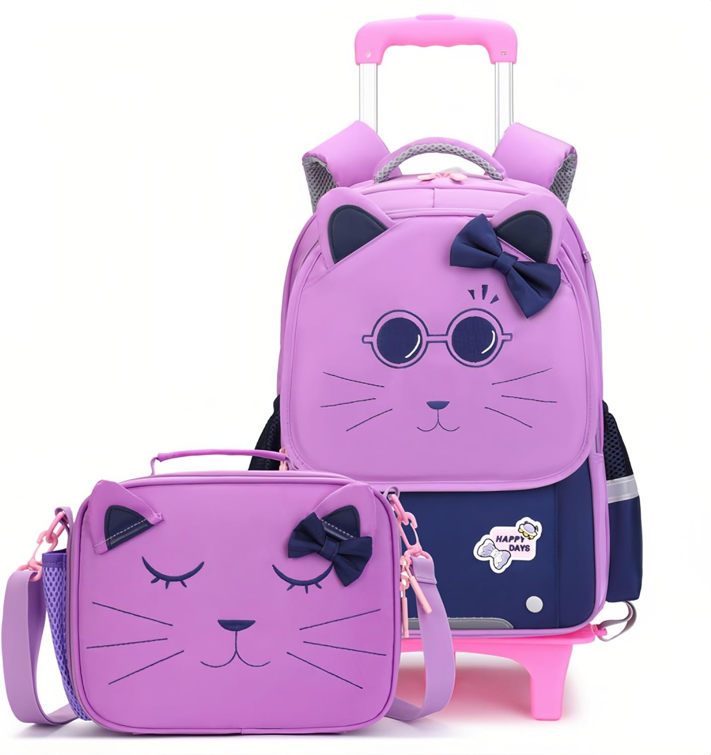 GRUOTEIS Cat Face Rolling Backpack for Girls Cute School Bag Backpack with Wheels