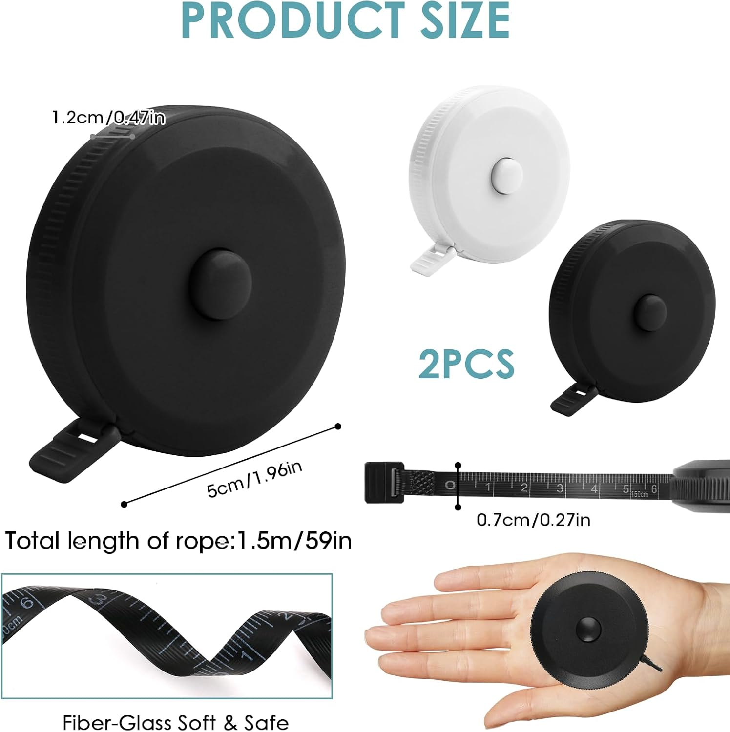 2 Pcs Retractable Measuring Tape, Dual Sided 150CM Soft Fabric Measuring Tape with Inch and Centimeter Scales for Sewing, Tailor, Crafts, Waist, Weight Loss Tracking, DIY Projects (Black & White) image number 2