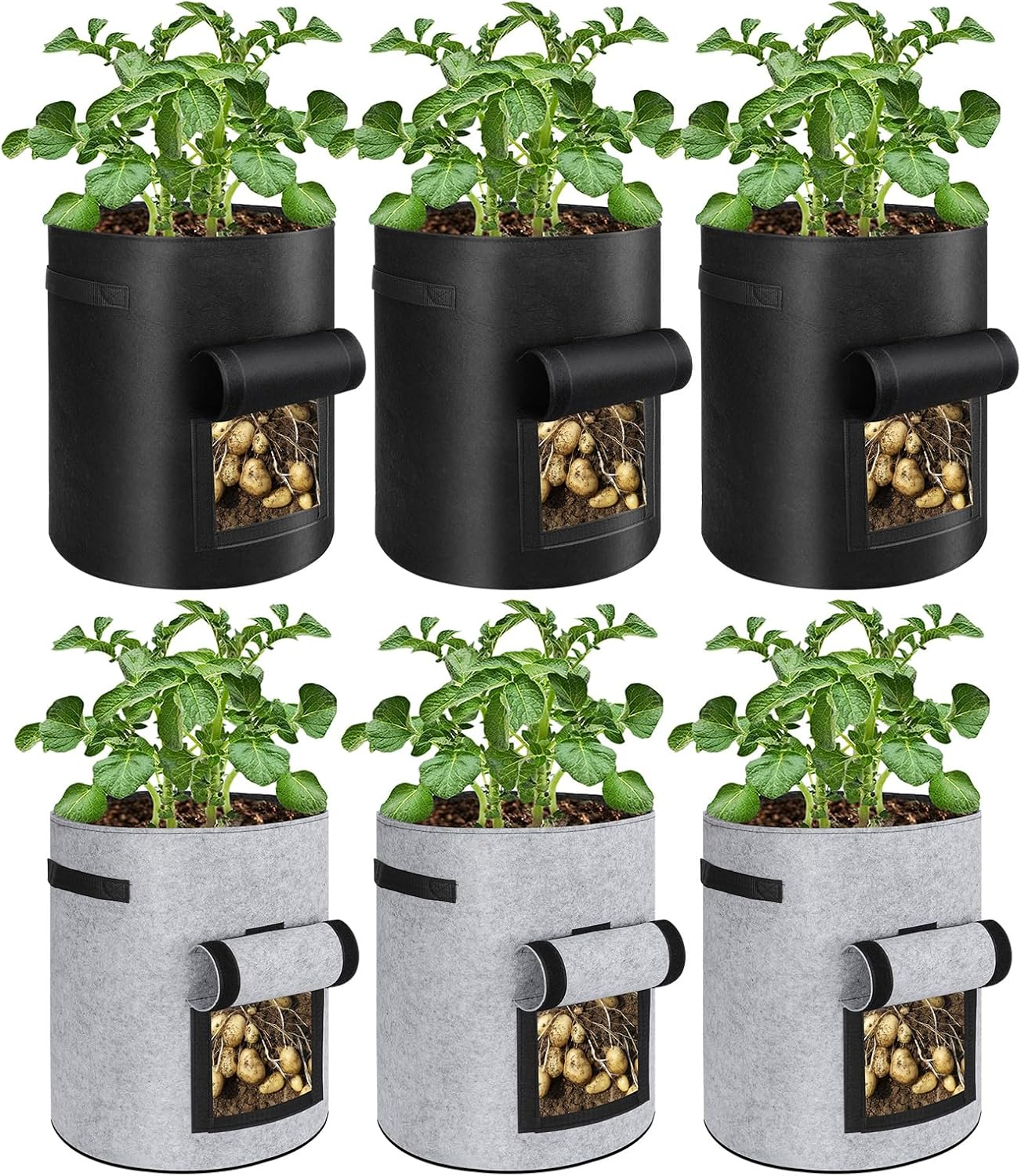 6 Pack Potato Grow Bags, 10 Gallon Planting Bags Large Fabric Pots with Flap Window Vegetable Planter Garden Pot Tall Potato Growing Containers with Handles for Vegetables, Fruits, Black + Grey image number 5