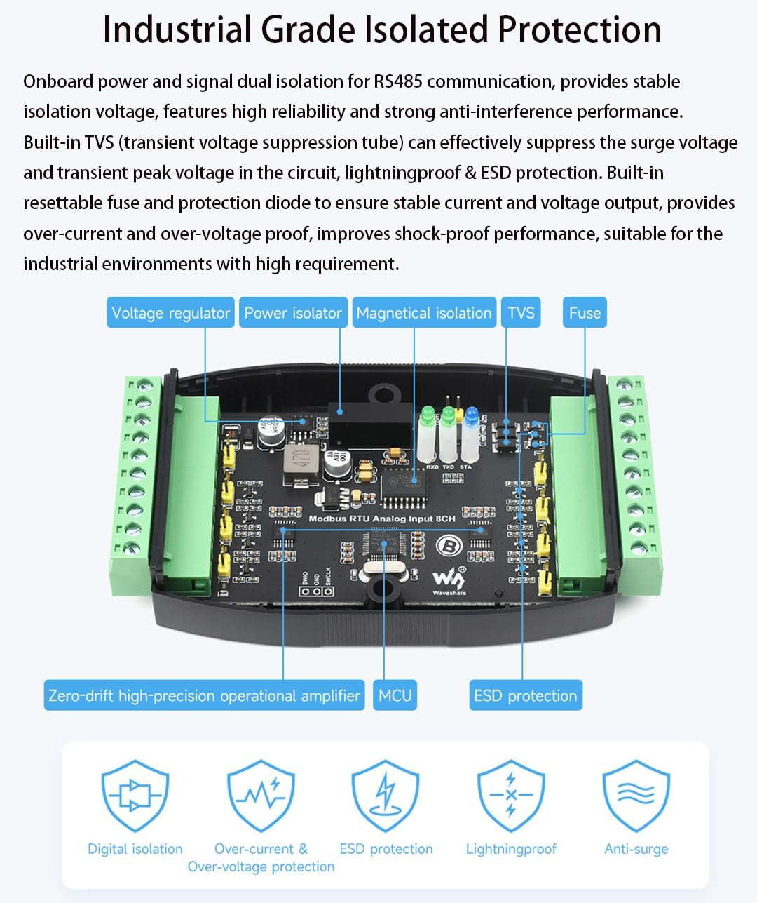 Industrial 8-Ch Analog Acquisition Module, 12-Bit High-Precision, DC 7~36V Wide Voltage Power Supply, Modbus RTU Protocol,8-Ch Current Mode, 0~20Ma image number 6