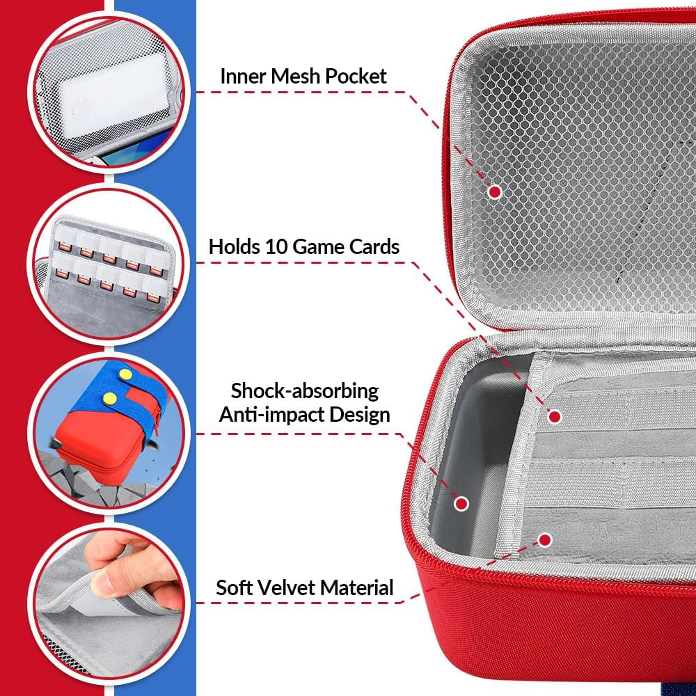 WOTOW Case for Nintendo Switch/Switch OLED, Red Blue Portable Soft Shell Storage Bag with 10 Switch Game Cards Case, Kawaii Cartoon Character Protective Travel Pouch for Console and Accessories image number 1