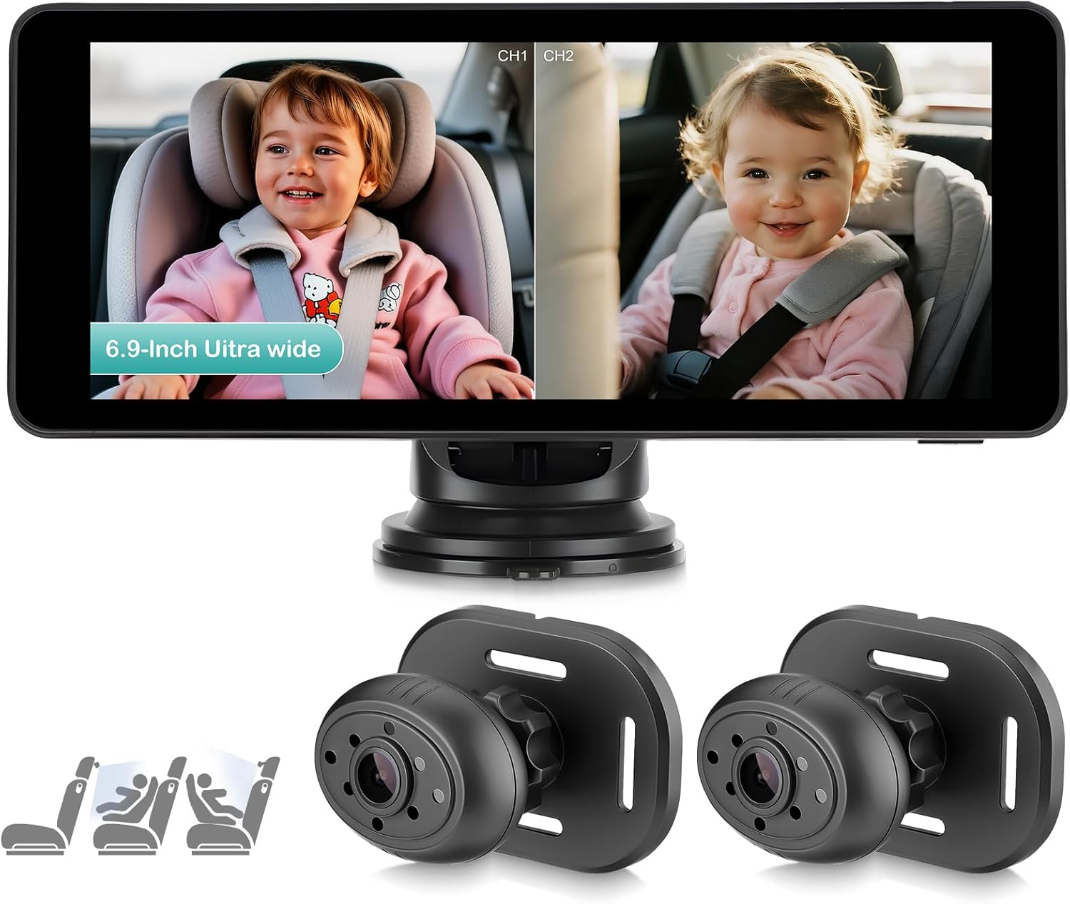Baby Car Camera for 2 Kids,6.9" Large HD Display Dual Channel Baby Monitor, 1080P IR Night Vision Car Seat Camera,Facing View Ideal for Kids and Pet Safety,Newborn Essentials & Baby Shower Gifts image number 4