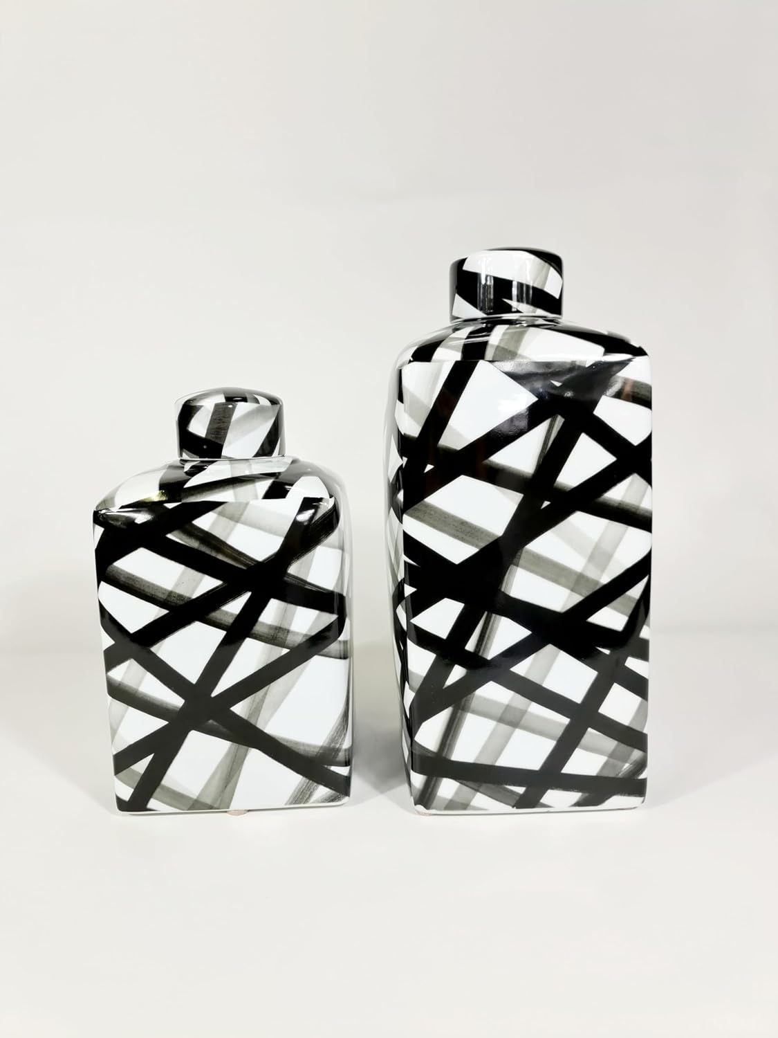 Trojan Homeware Medium Handpainted-Black and White Container, Graphic Black Strips 70% Off image number 3