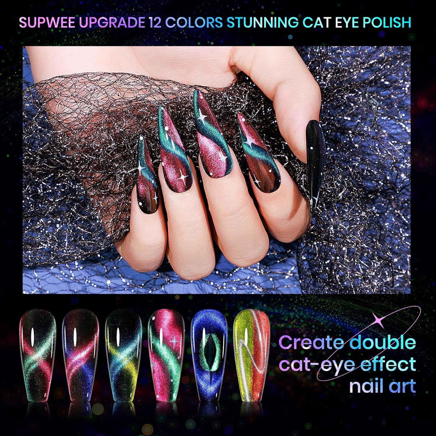 SUPWEE Cat Eye Gel Nail Polish Set with Magnetic Gel Polish Cateye Nails Magic Chameleon Galxy Effects 12 Colors Home Manicure for Women Girl image number 2
