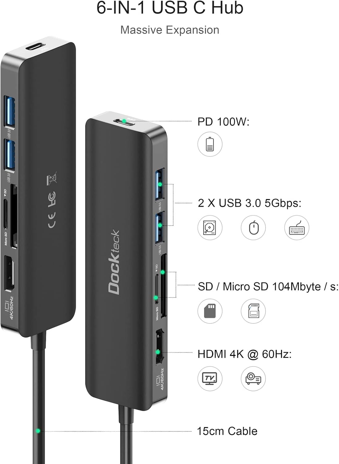 USB C Hub HDMI PD Adapter, Dockteck 6-In-1 Type C Hub with 4K 60Hz, 100W PD, SD & Microsd Card Reader, 2 USB 3.0 Data 5Gbps, USB-C Adapter for Macbook Air/Pro, Surface Pro 7/8, XPS and More image number 4