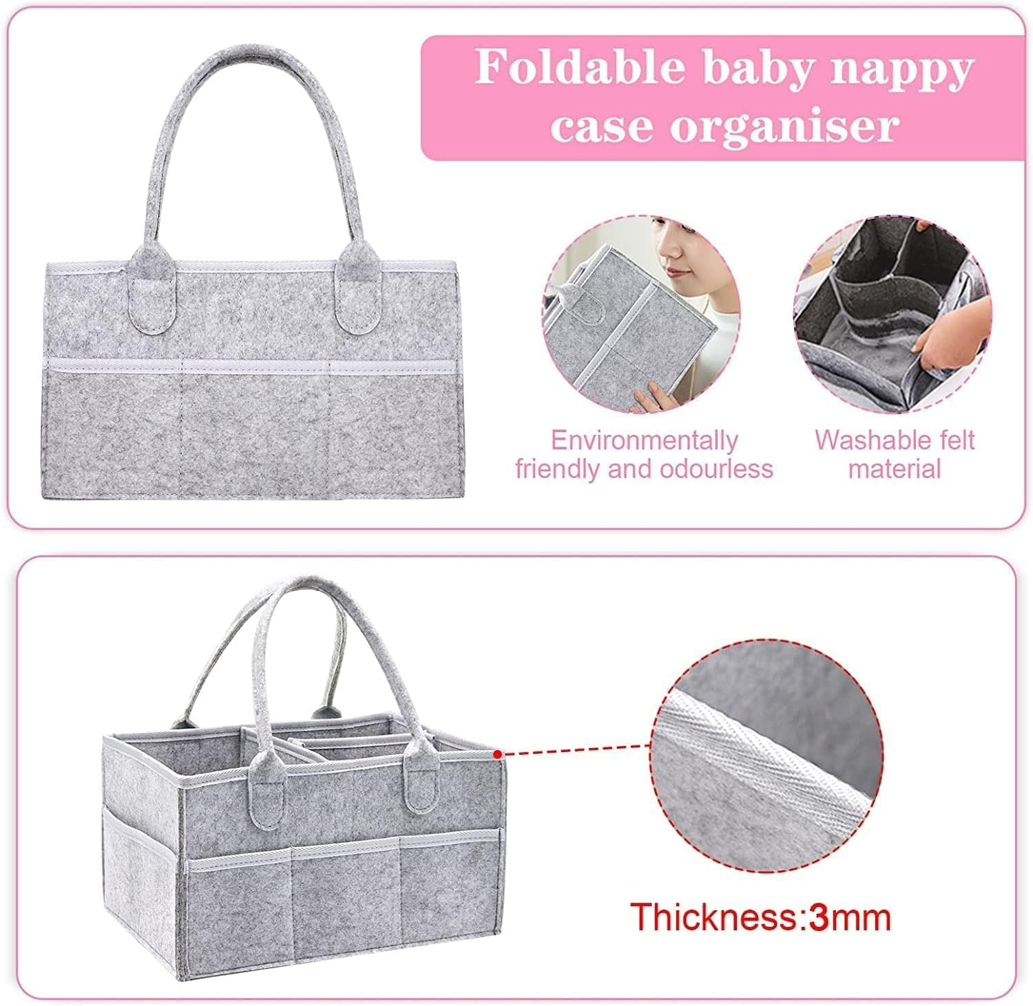 Peacafulife Baby Nappy Caddy Organiser, Multifunctional Upgrade Felt Newborn Baby Diaper Caddy Nursery Portable Storage Wipes Bag Detachable Paste Dividers Nappy image number 2