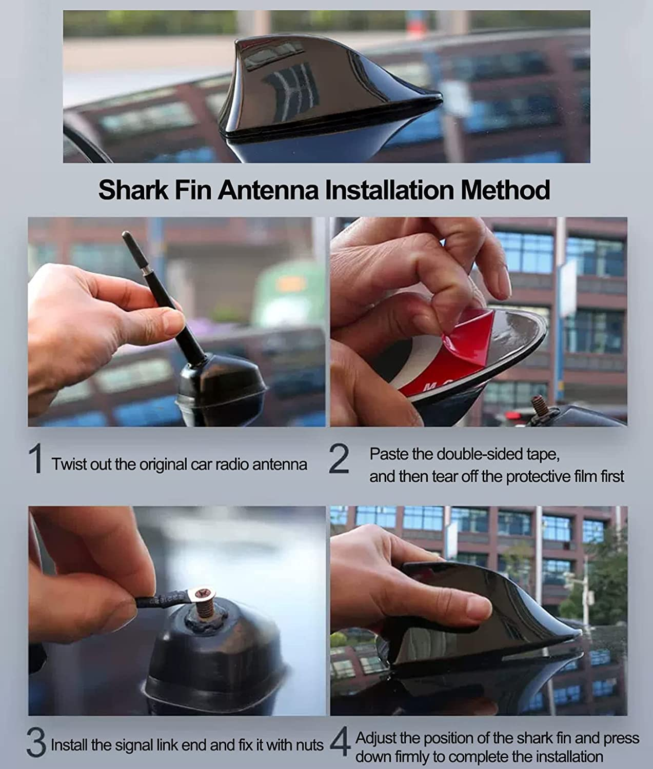 Universal Car Aerials Shark Fin Antenna Cover Car Trim AM/FM Signal Design Roof Antenna with Aerial Adhesive Base for Car SUV Truck Van (Black) image number 4