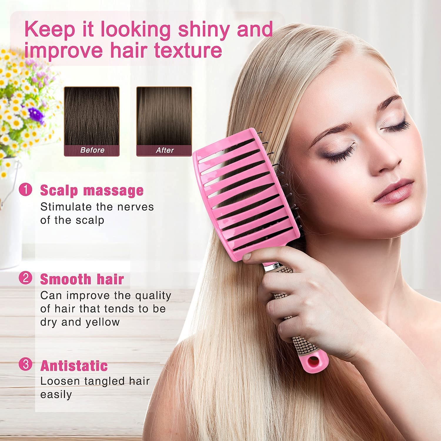 Hair Brush,Curved Vented Hairdressing Comb for Scalp Massage Anti-Static No Hair Tangle Hair Comb for Women Men Styling Tools (Pink) image number 5