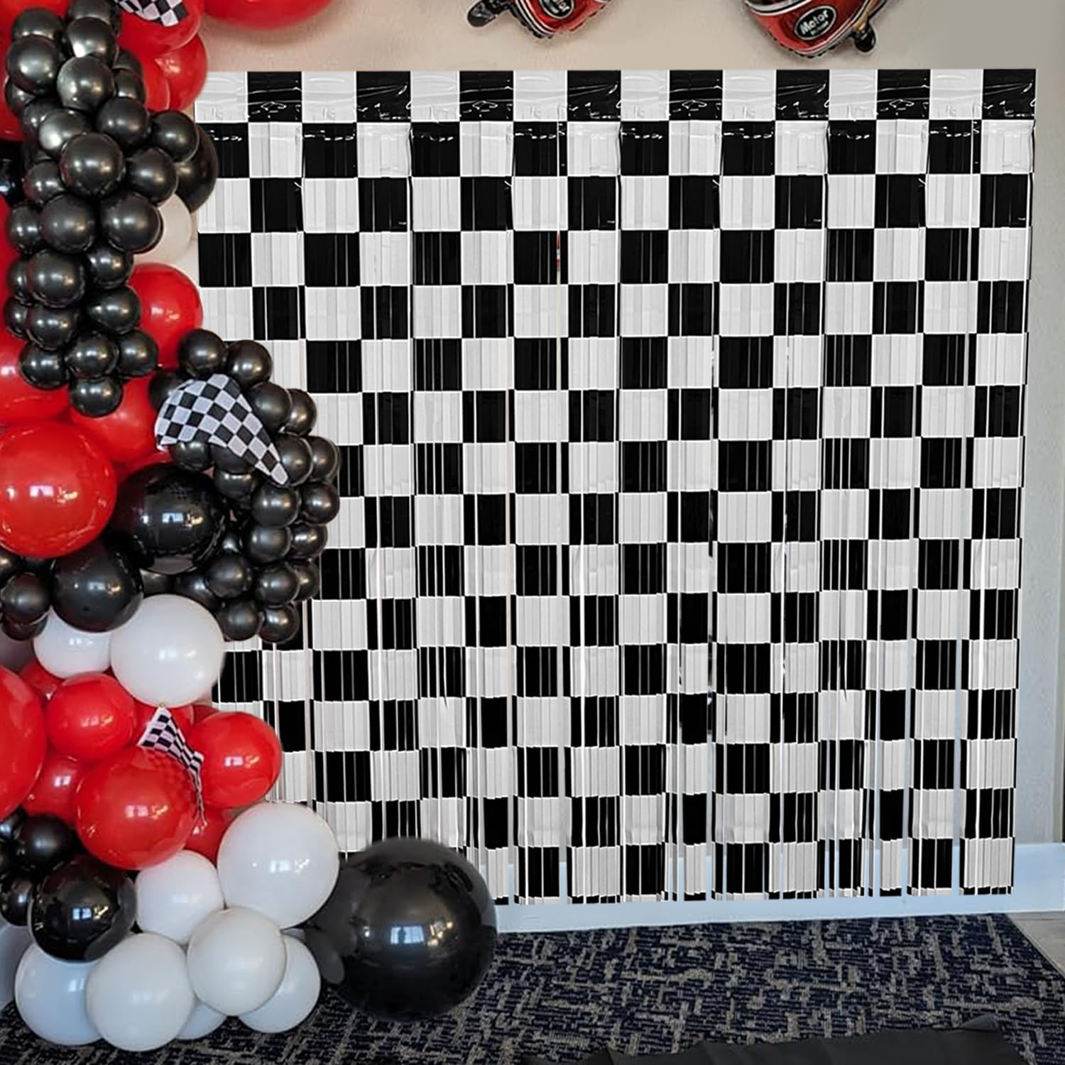 Race Car Foil Fringe Curtains Backdrop Birthday Party Decorations, 2 Pack 3.28 X 6.56 Ft Black White Foil Fringe Curtain Photo Booth Props Cars Lightning Fast Wheels One Happy Dude Party Decorations image number 6