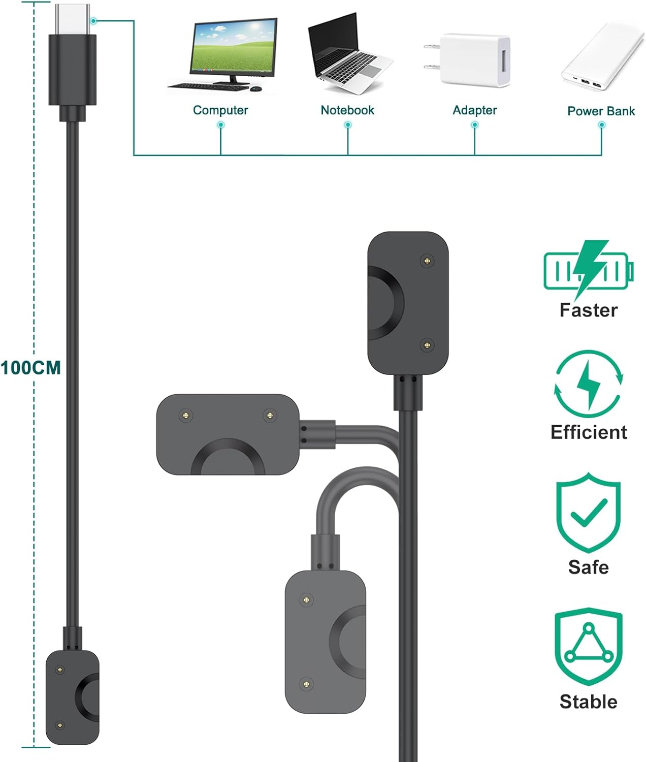 Leonids Charger for Samsung Galay Fit 3 Charger, 1M/3.3Ft USB C Charging Dock for Samsung Galaxy Fit 3 SM-R390 (Black, USB-C) image number 2