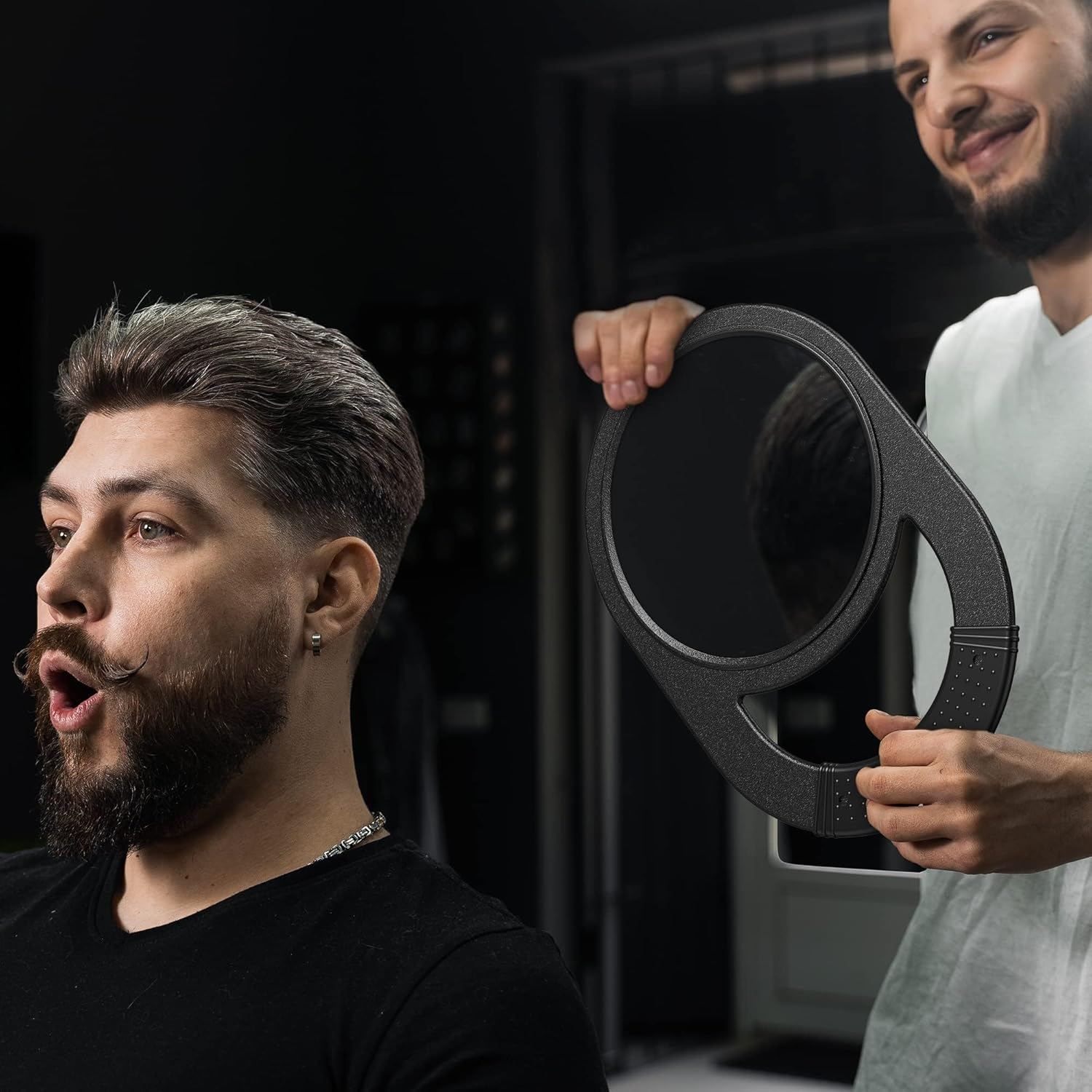 TASALON Unbreakable Hand Mirror, Hand Mirrors with Handle, Salon, Barber Mirror for Hair, Anti-Slip Hand Held with Rubber Grip for Travel, Makeup, Shaving, Shower, Camping - Black image number 1